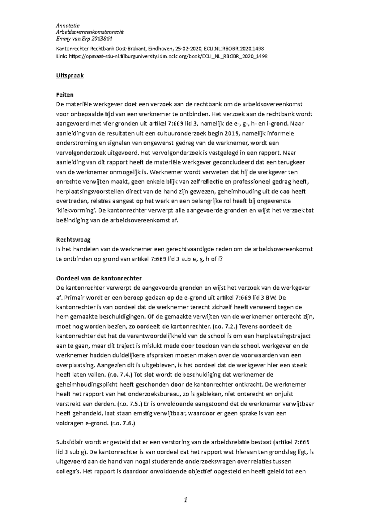 Annotatie Arbeidsovereenkomstenrecht Ontslaggrond E,g,h,i ...