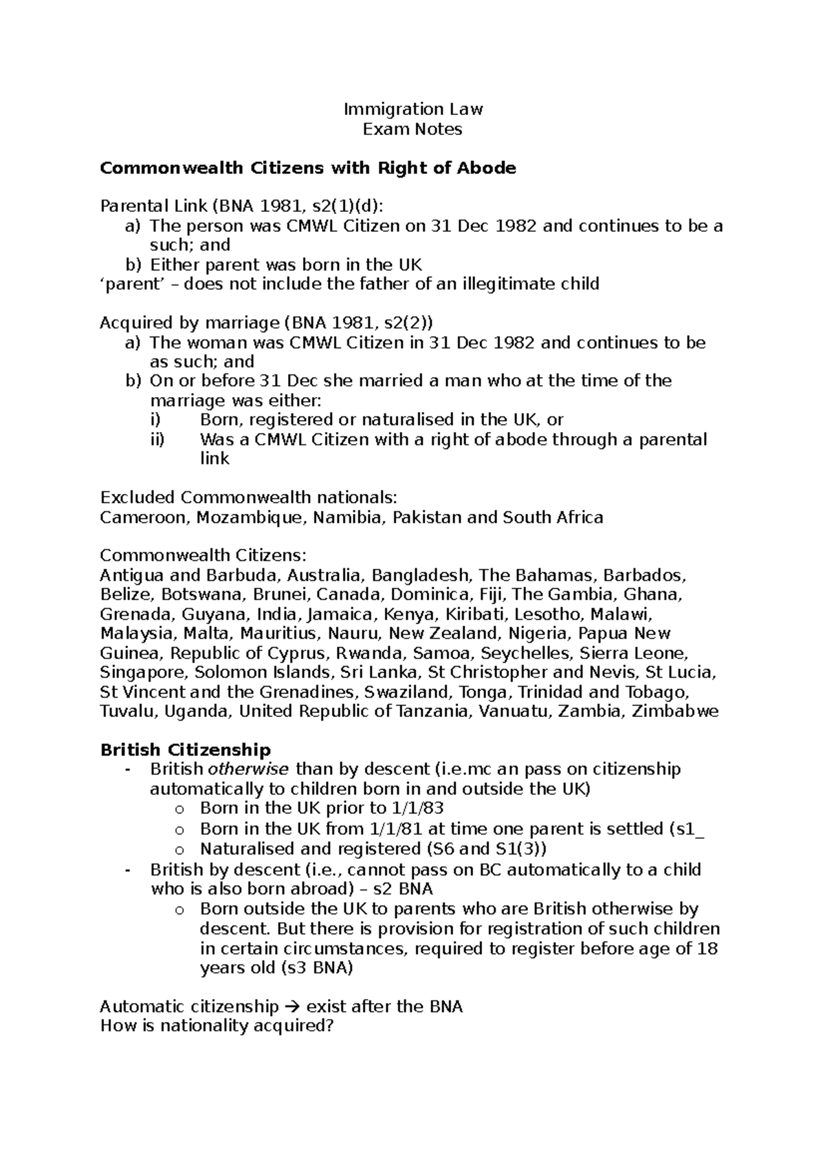 Immigration Law exam notes Immigration Law Exam Notes Commonwealth Citizens with Right of
