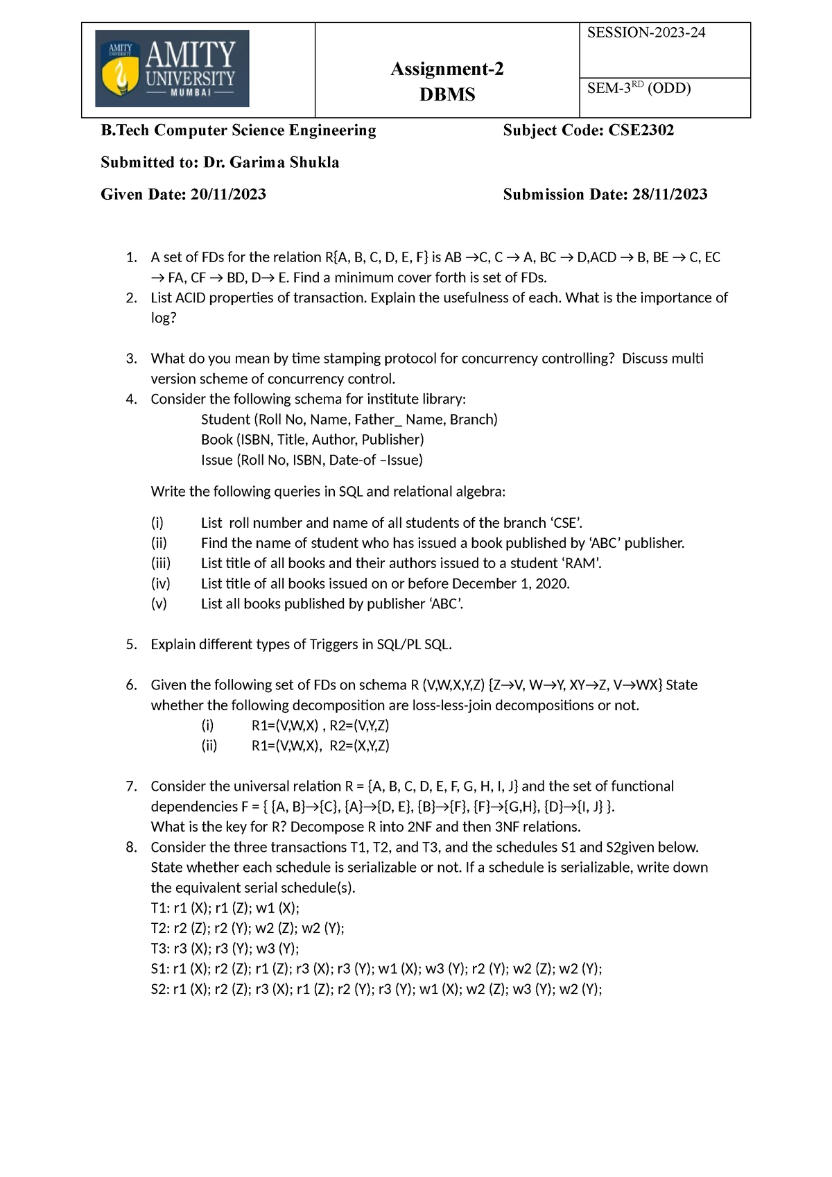 Assignment-2 - B Computer Science Engineering Subject Code: CSE ...