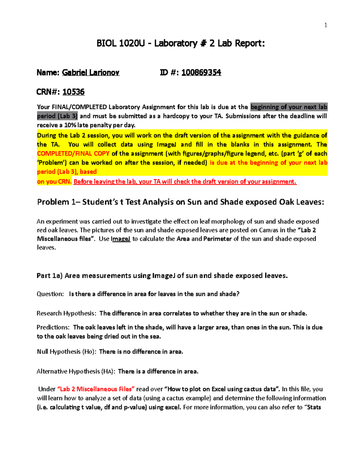 Lab 2 Lab Assignment 2023 BIOL 1020 U Laboratory 2 Lab Report