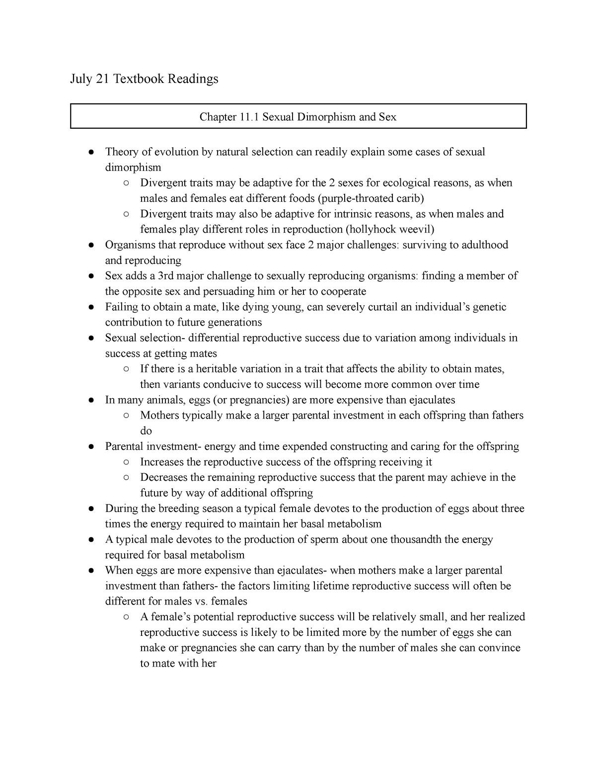 Chapter 111 112 Textbook Notes July 21 Textbook Readings Chapter 11 Sexual Dimorphism And 6094