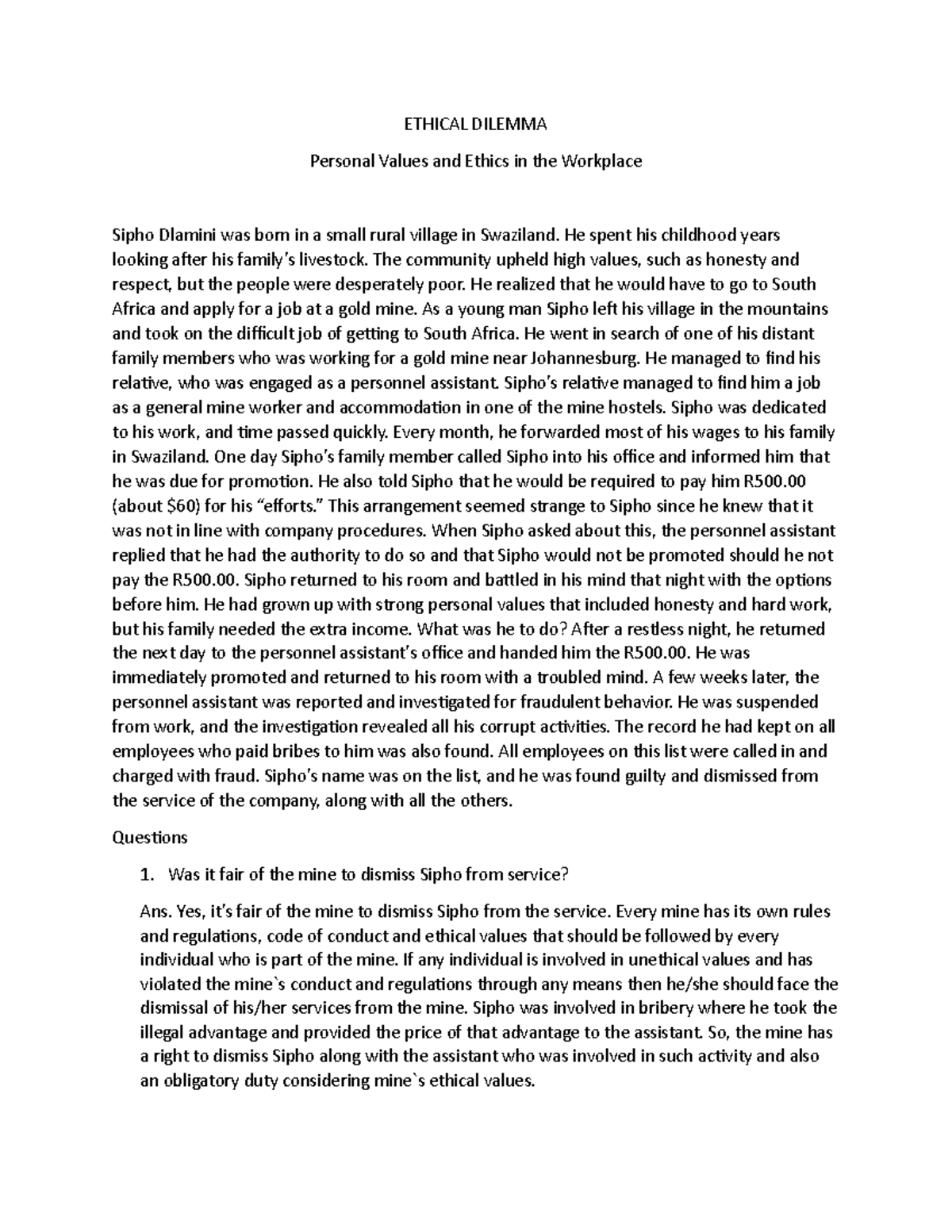 Ethical Dilemma Personal values and ethics at workplace - ETHICAL ...