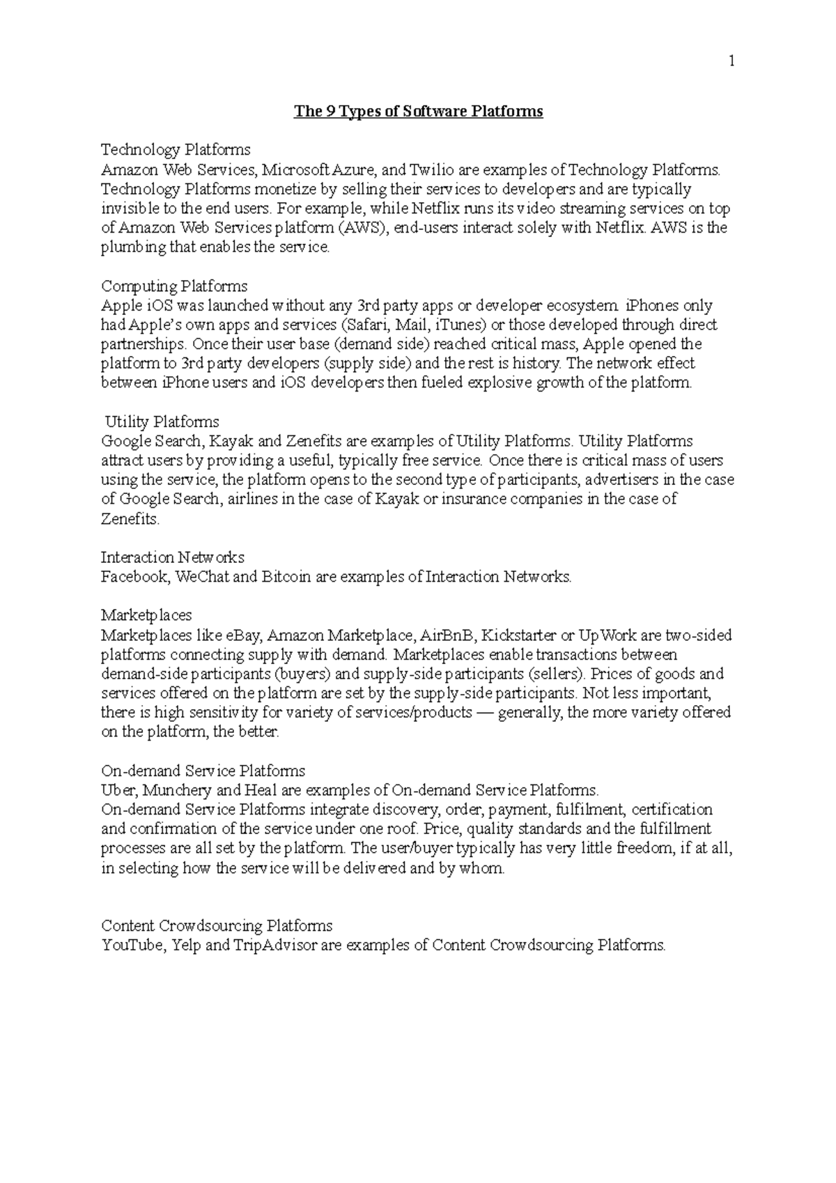 Notes-3 - CASE- GLOSSIER - 1 The 9 Types of Software Platforms ...