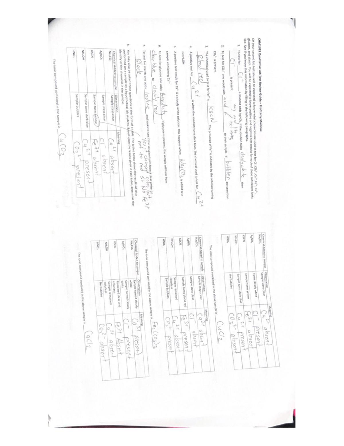 CHM1033 Qualitative Lab Test Review Guide Prof Larry Mailloux