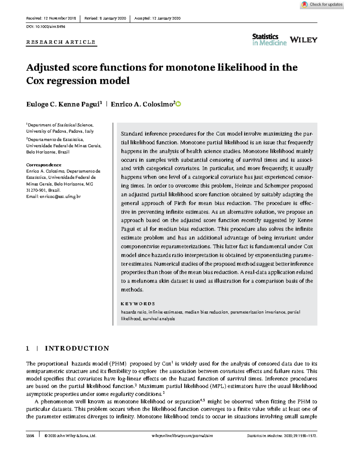 Adjusted score functions for monotone likelihood in the Cox regression ...