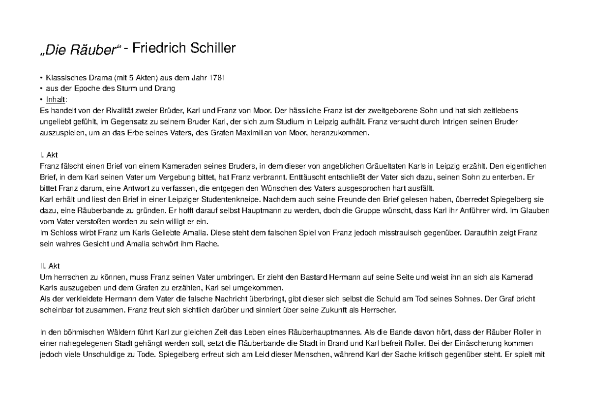 Die Räuber Schiller m2 - „Die Räuber“ - Friedrich Schiller Klassisches