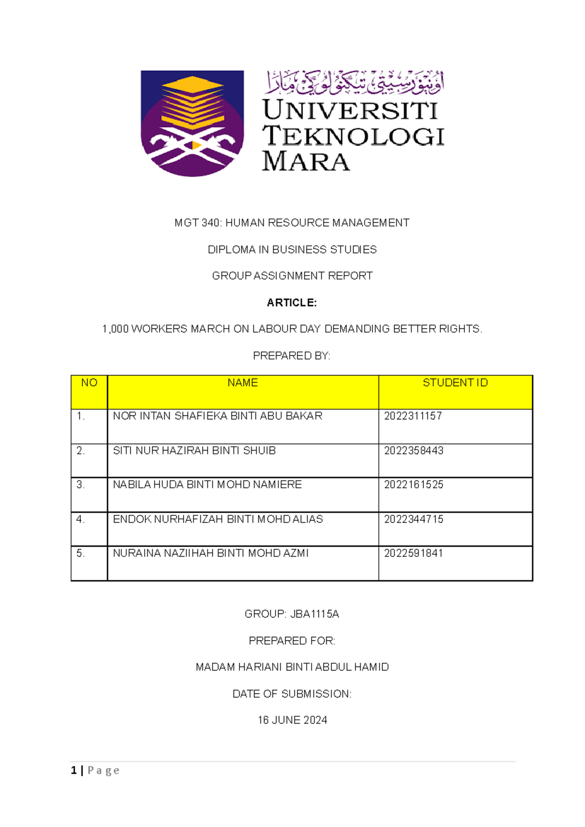 Report MGT340 - Assignment - MGT 340: HUMAN RESOURCE MANAGEMENT DIPLOMA ...