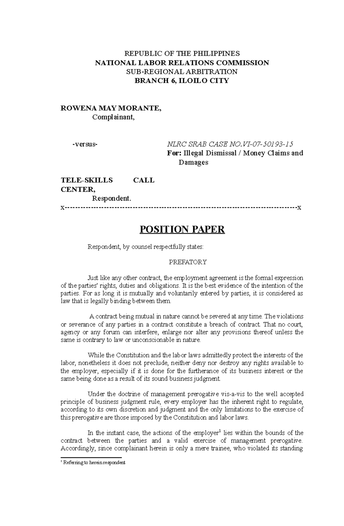 Position Paper Sample - REPUBLIC OF THE PHILIPPINES NATIONAL LABOR ...
