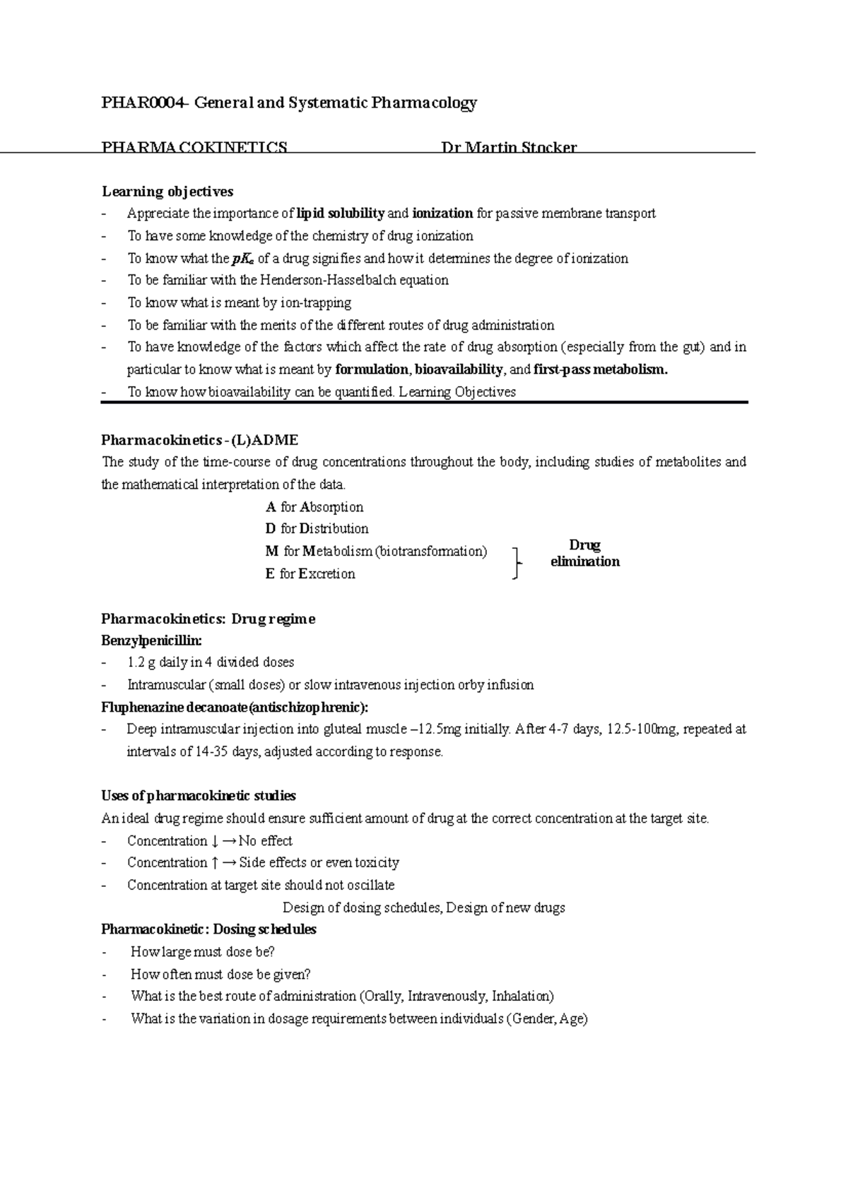 Note for Pharmakokinetics 1 PHAR0004 - PHAR0004- General and Systematic ...