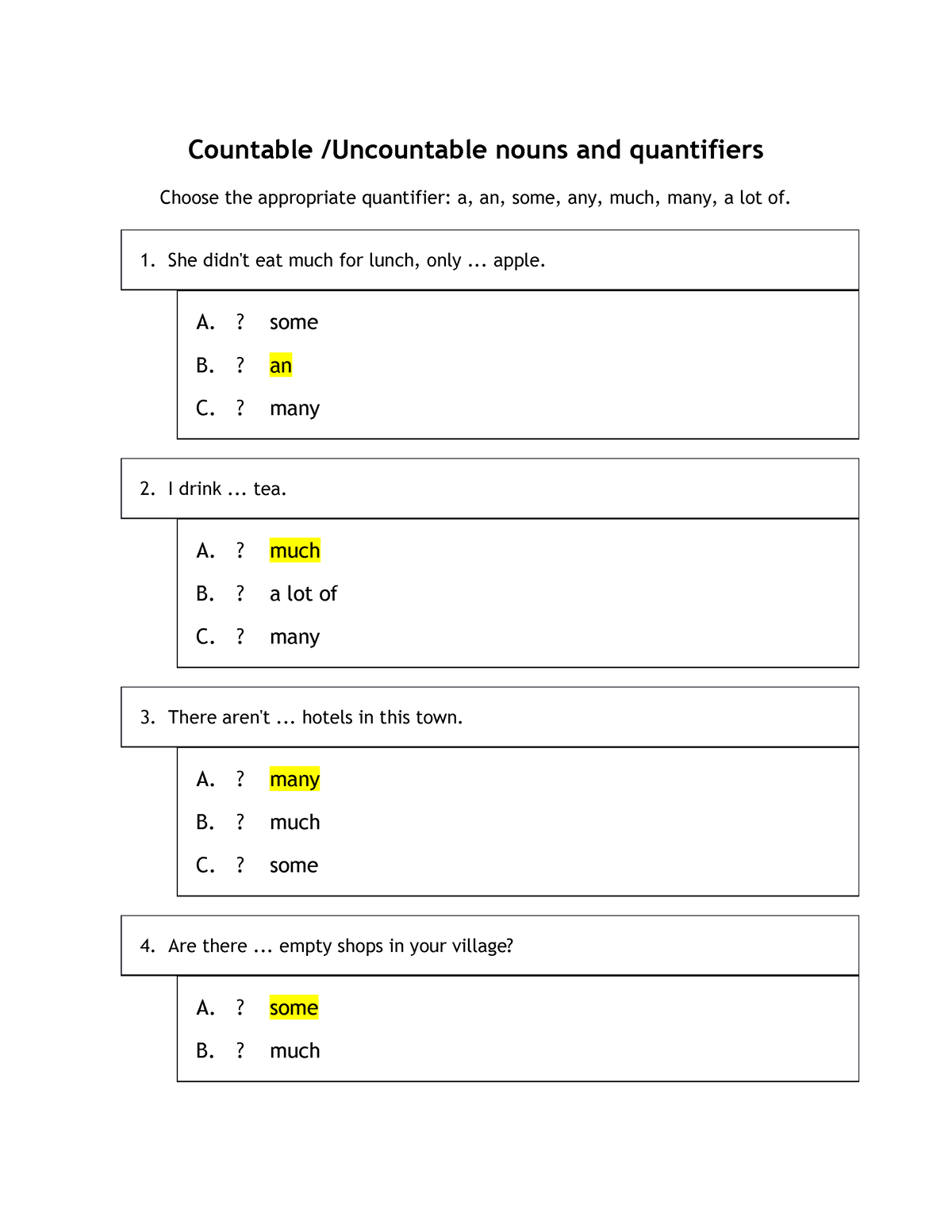 Countable and uncountable nouns - Countable /Uncountable nouns and  quantifiers Choose the - Studocu