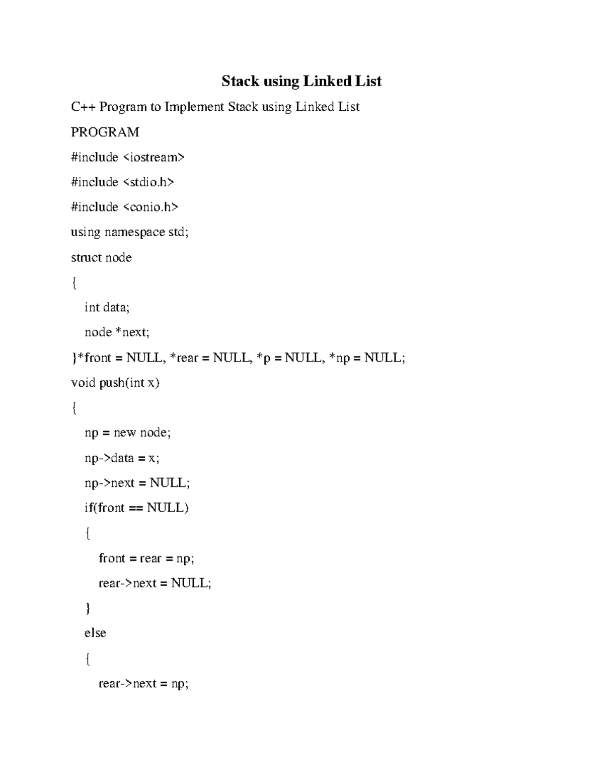 Stack using Linked List - C ++ - Practical - MG University - Studocu