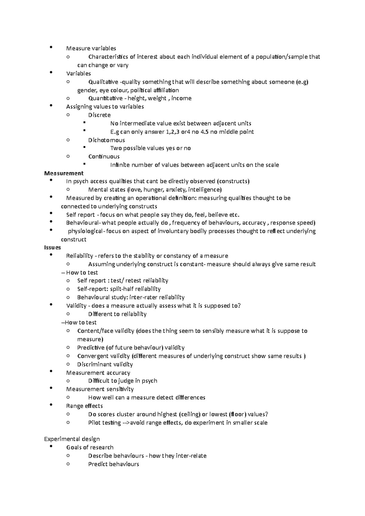 Psyc2203- Lecture one part one - Measure variables o Characteristics of ...