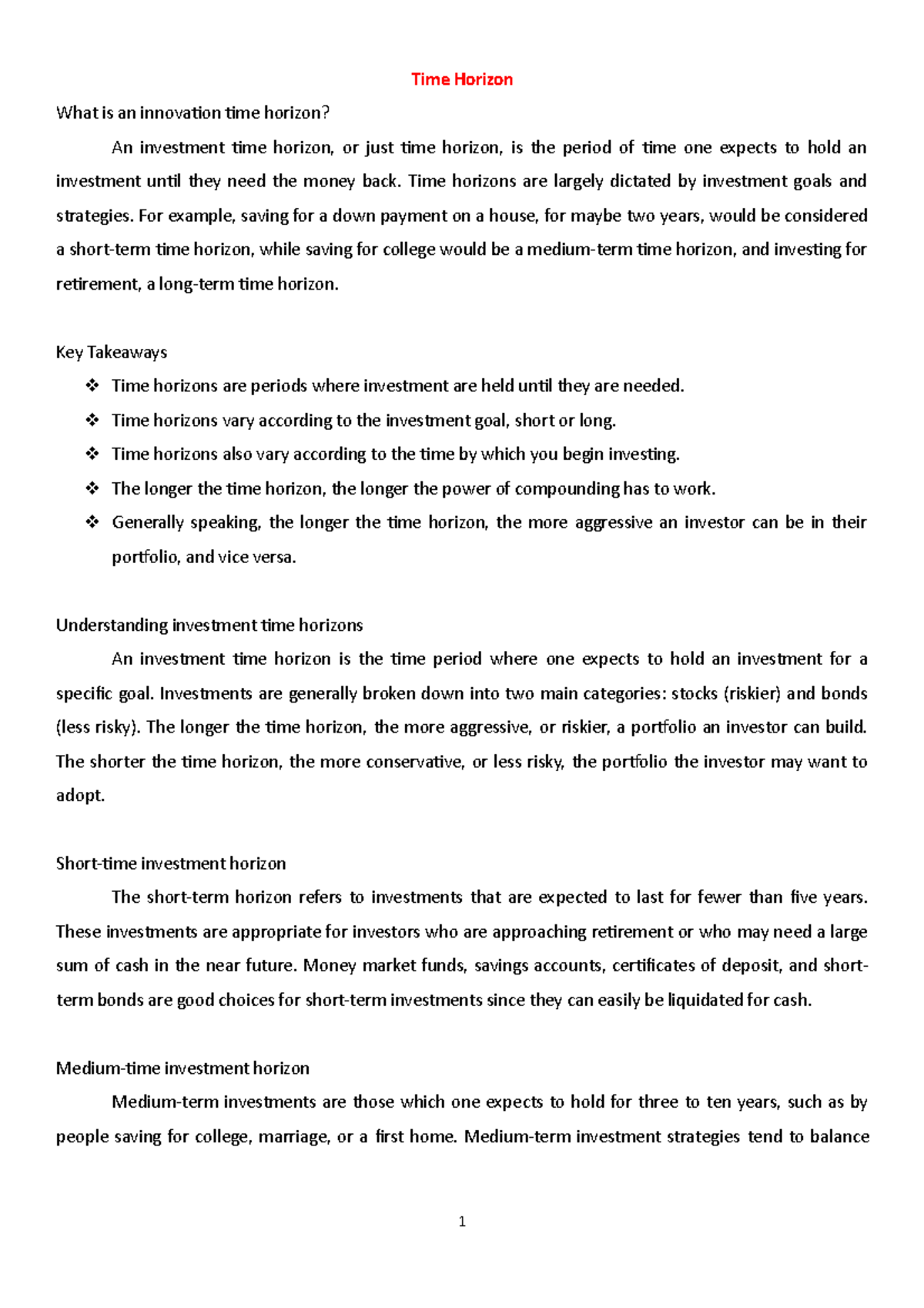 Time Horizon for my assignment Time Horizon What is an innovation