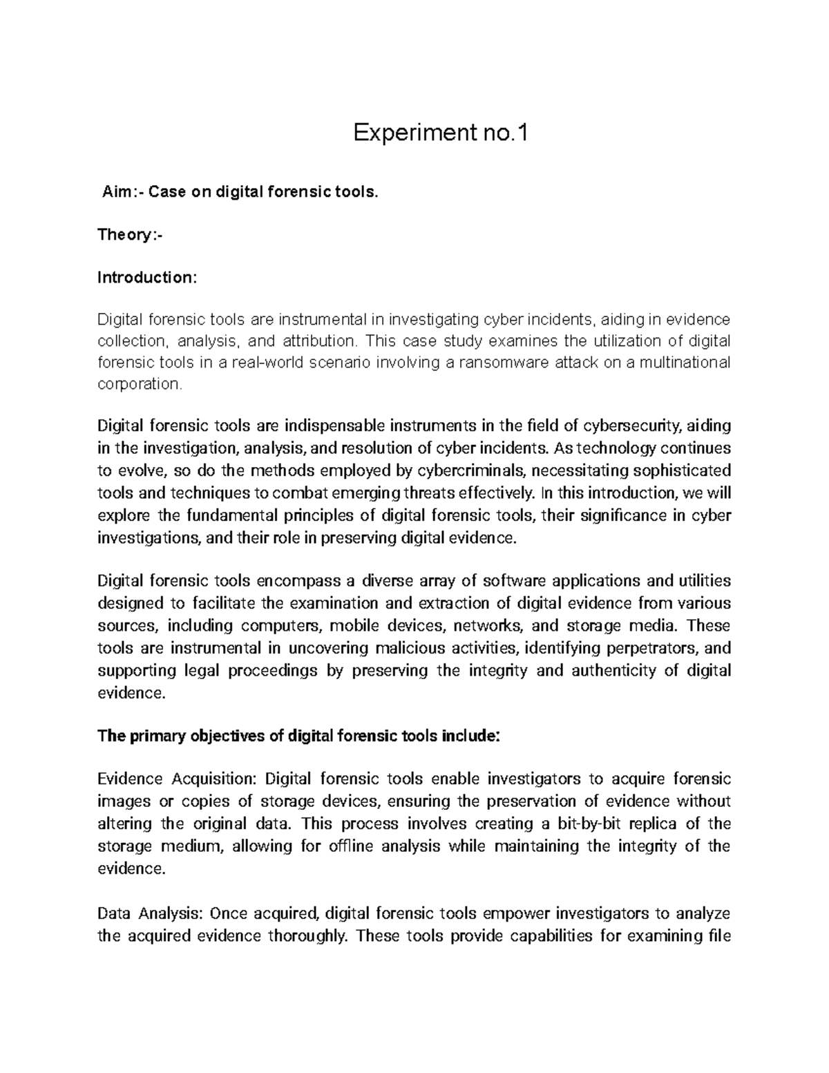 DF experiments - Experiment no. Aim:- Case on digital forensic tools ...