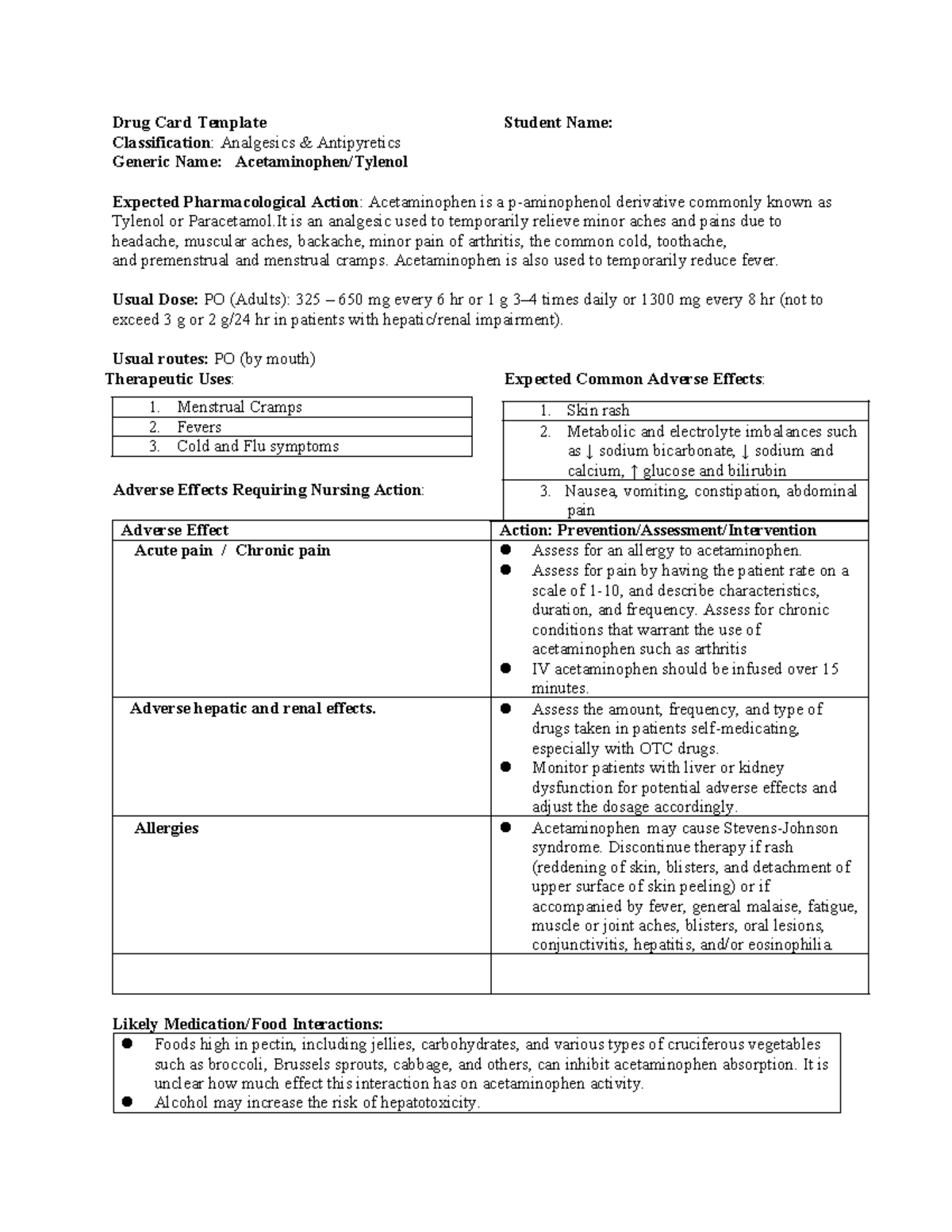 Acetaminophen Med Template - Drug Card Template Student Name ...