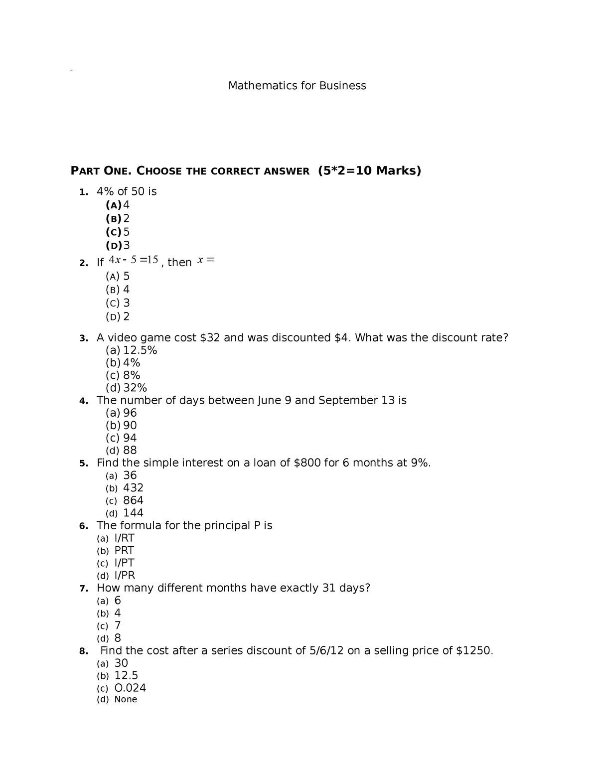 Bussiness Mathematics Final Exam - Bub Mathematics For Business PART ...