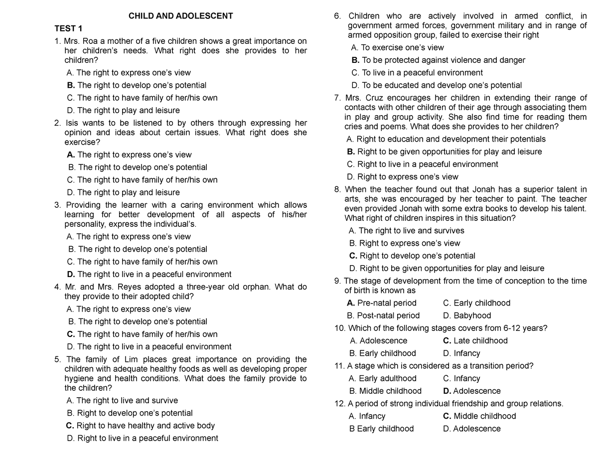 1 Child-AND- Adolescent - CHILD AND ADOLESCENT TEST 1 Mrs. Roa a mother ...