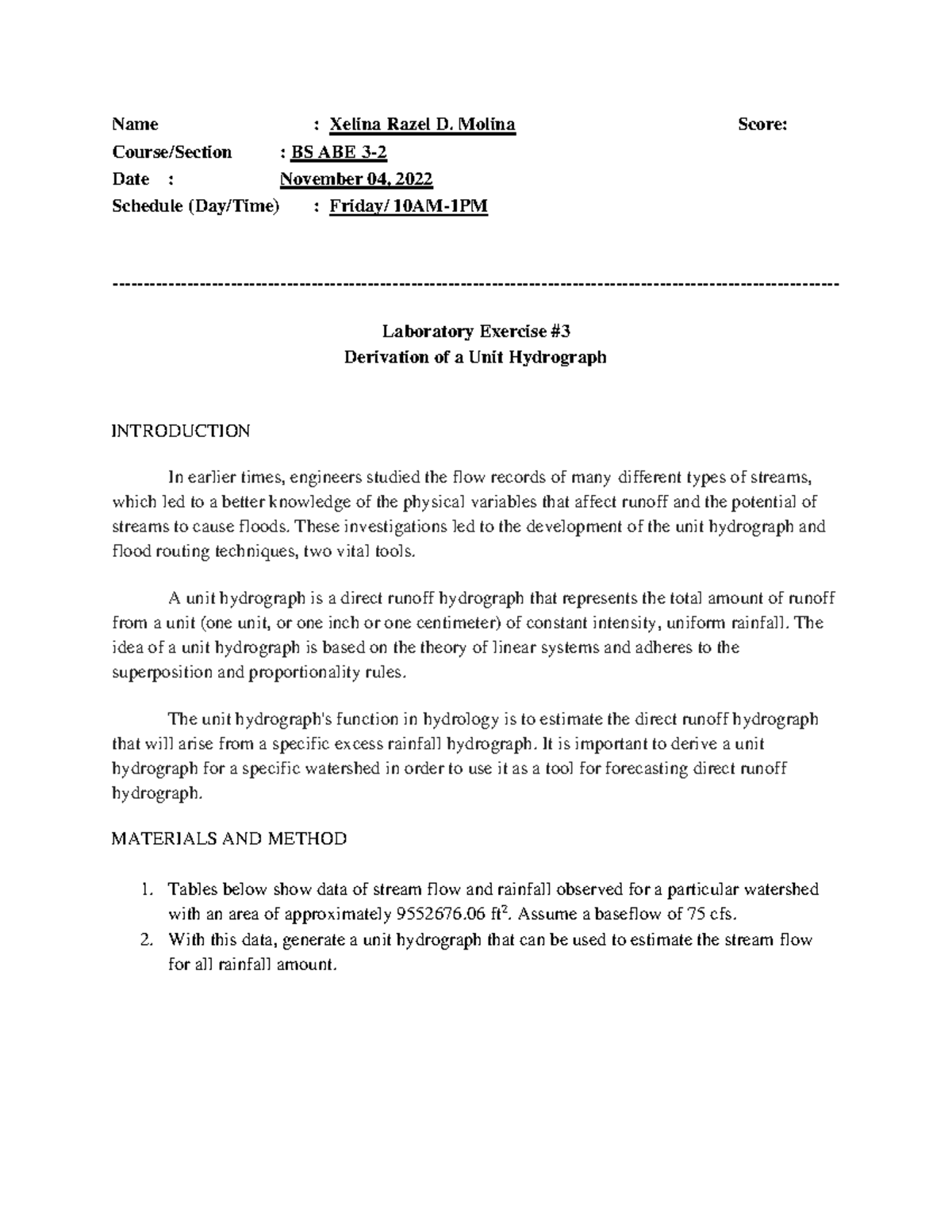 Lab Exercise #3 - Derivation of Unit Hydrograph- Molina, Xelina Razel D ...