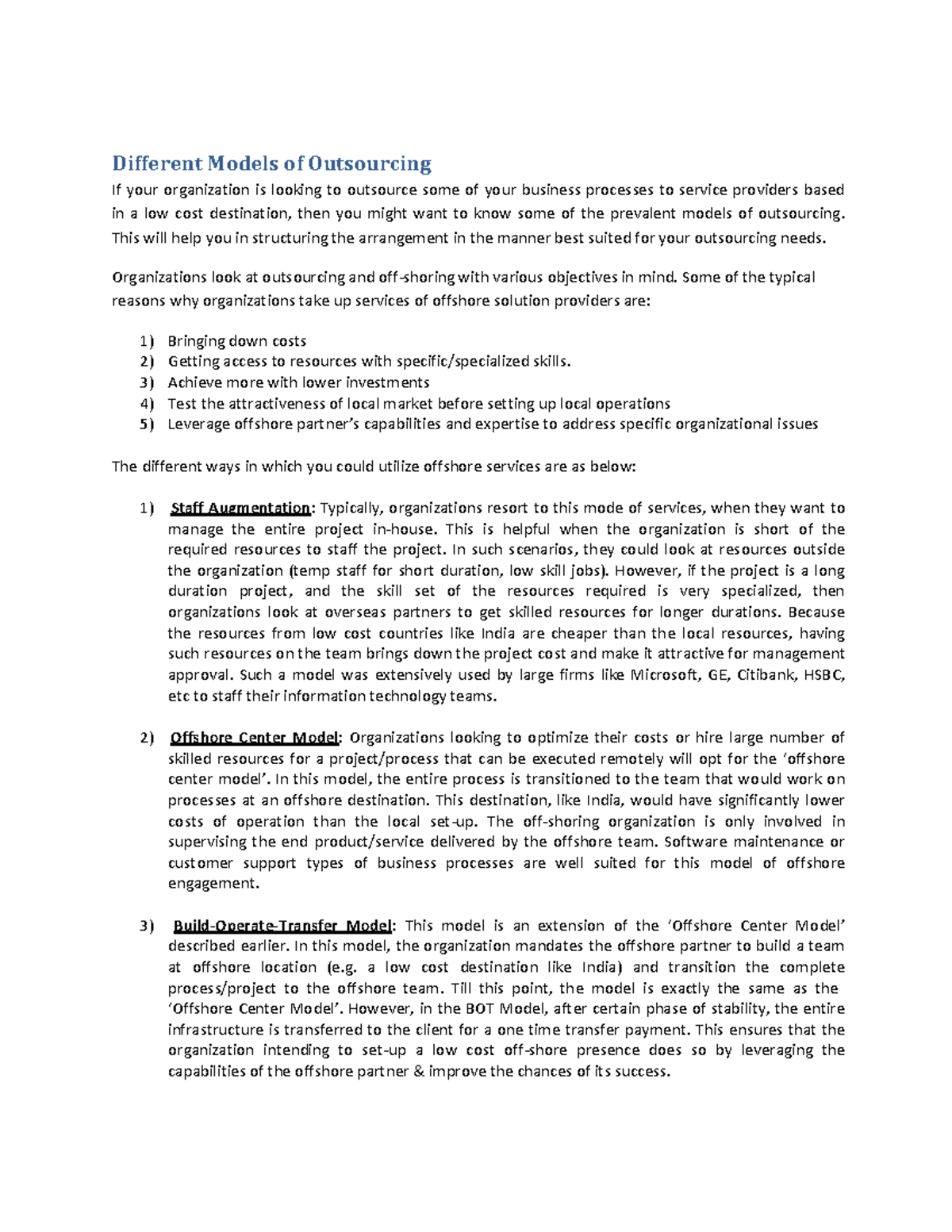 2 Lecture notes 1 Different Models of Outsourcing If your