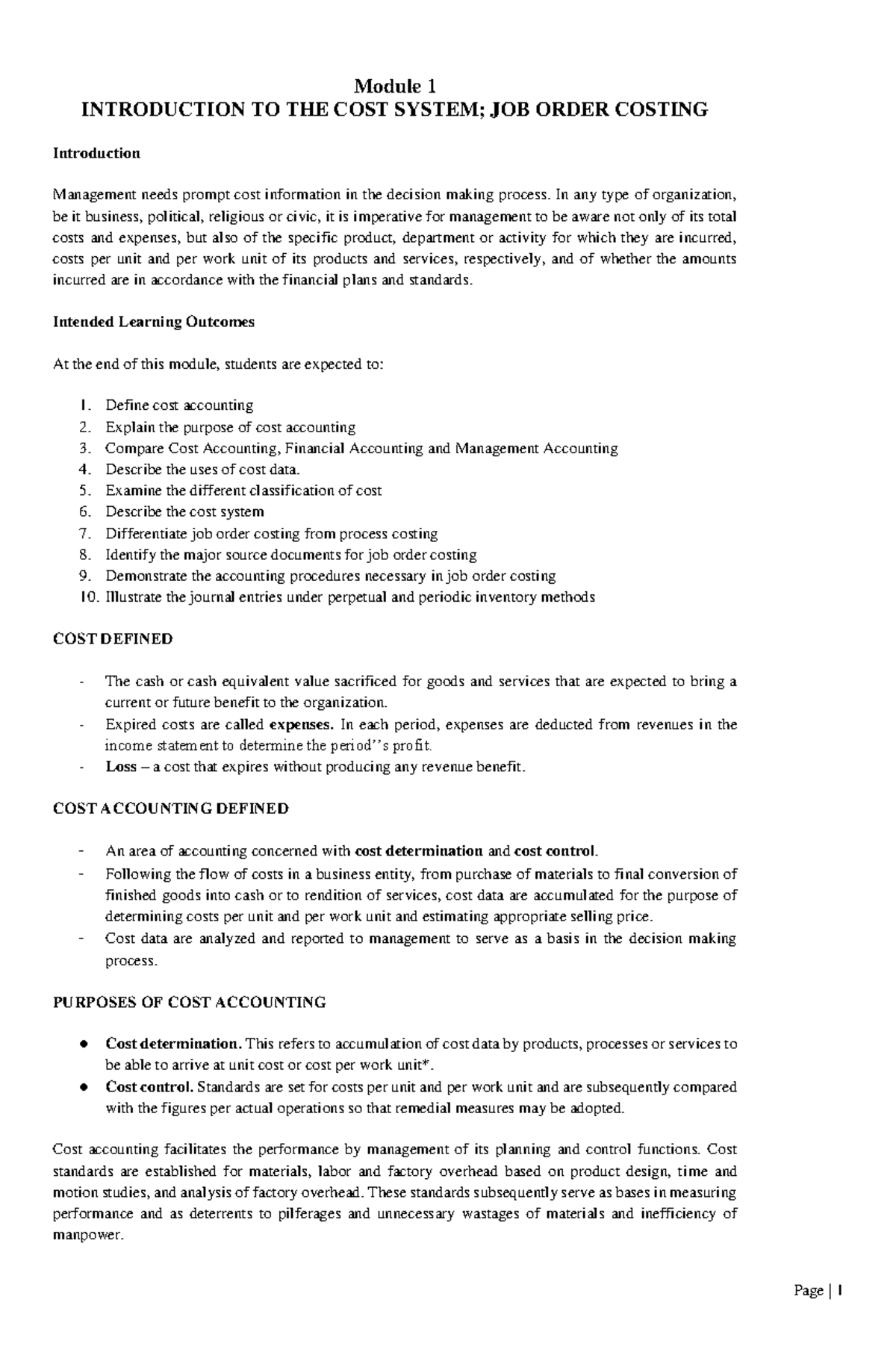 Introduction to Cost System - Module 1 INTRODUCTION TO THE COST SYSTEM ...