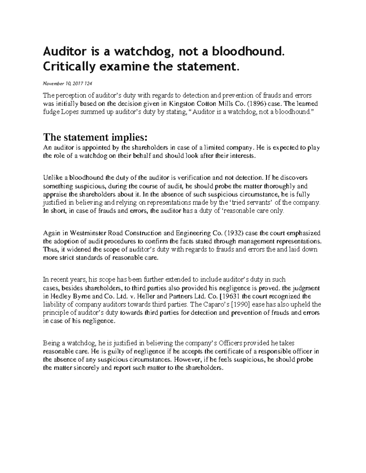 3.4 Auditor Is A Watchdog, Not A Bloodhound - Critically Examine The ...