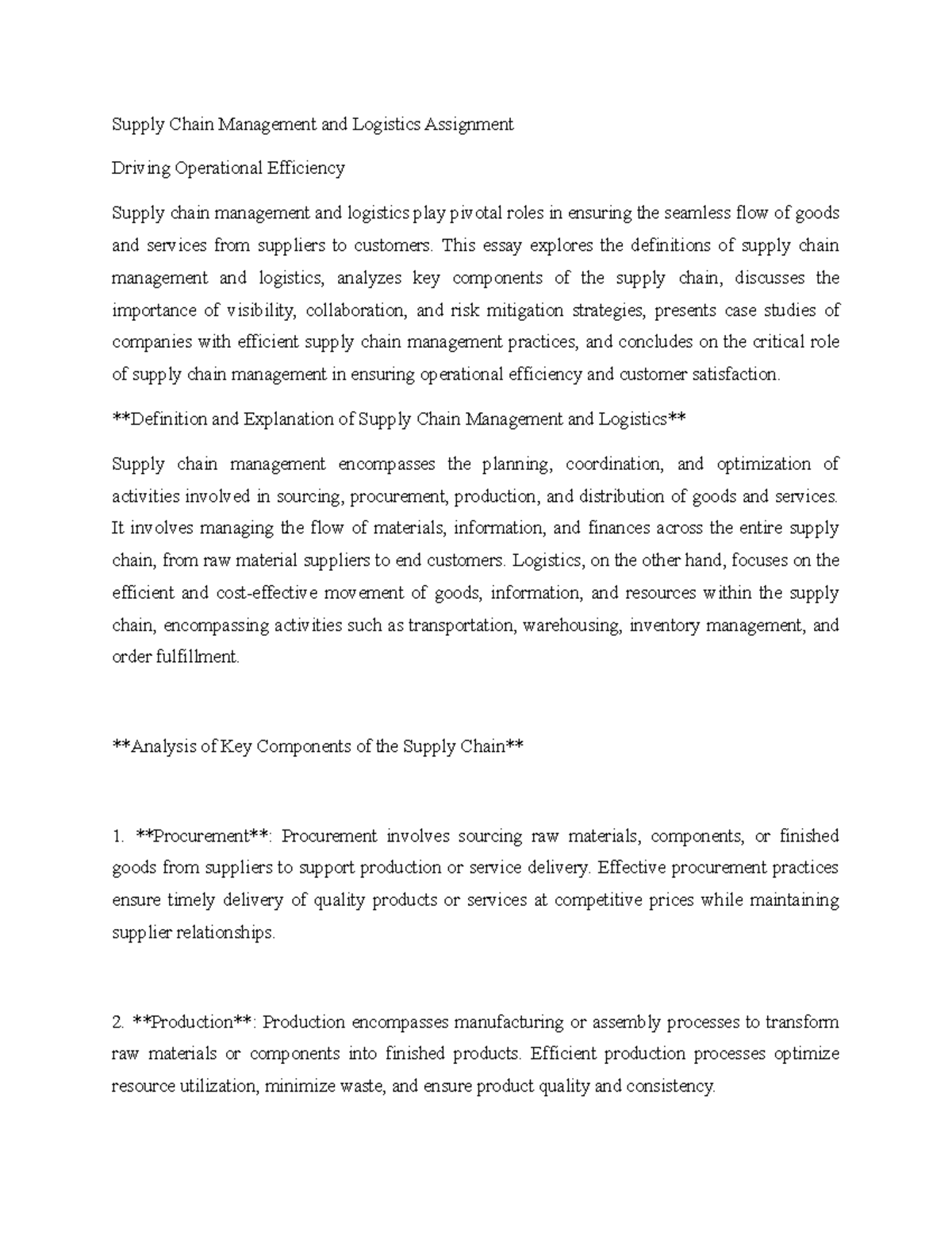 Supply Chain Management and Logistics Assignment - This essay explores ...