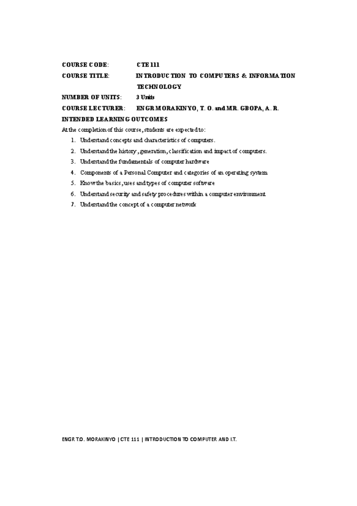 Lecture Notes ON CTE 111 - ENGR T. MORAKINYO | CTE 111 | INTRODUCTION ...
