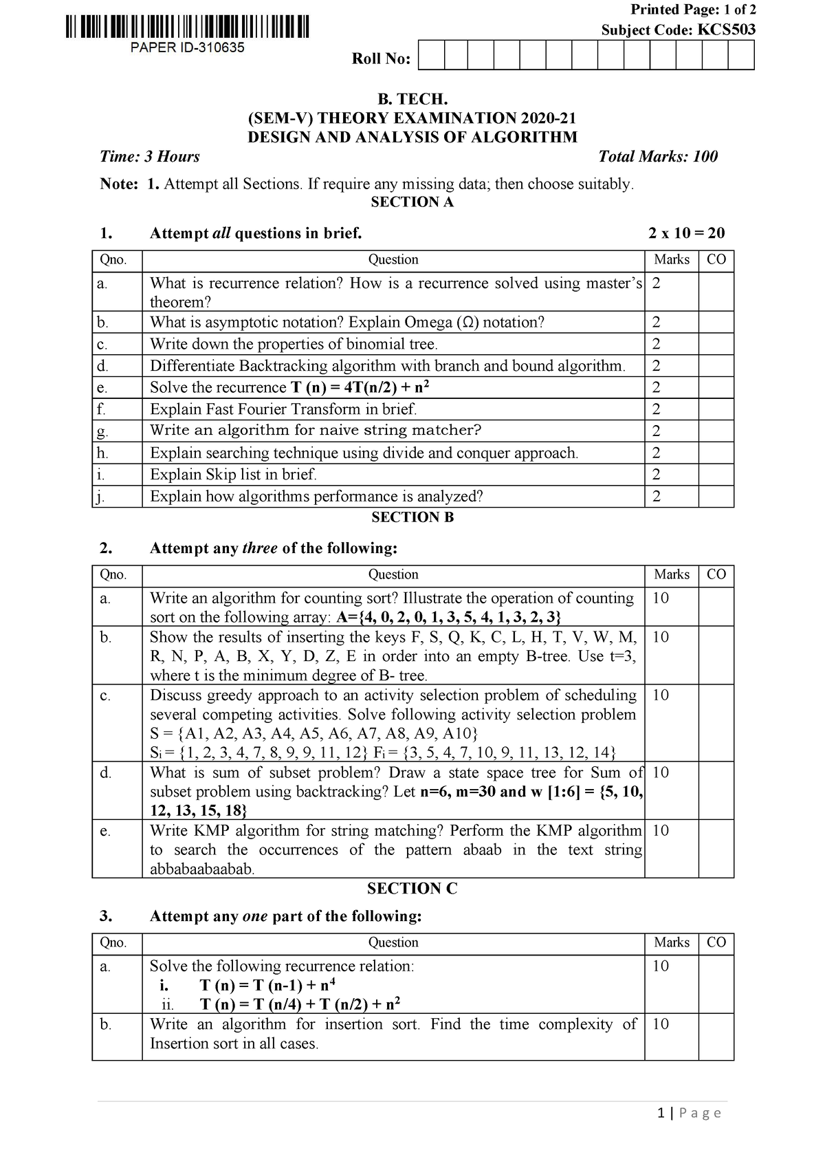 Btech Cs 5 Sem Design And Analysis Of Algorithm Kcs503 2021 - Printed ...