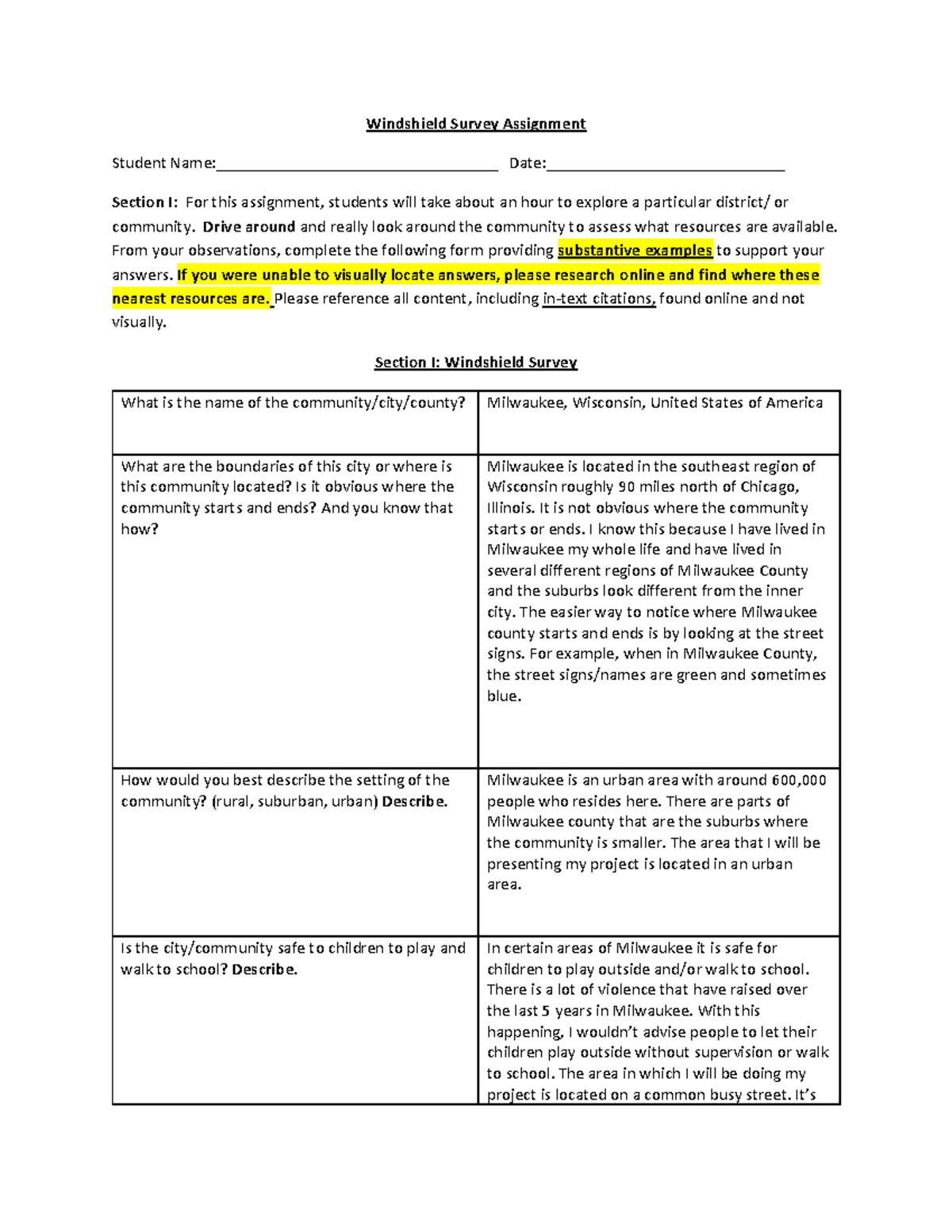 NSG 323 Week 2 Windshield Survey - Windshield Survey Assignment Student ...