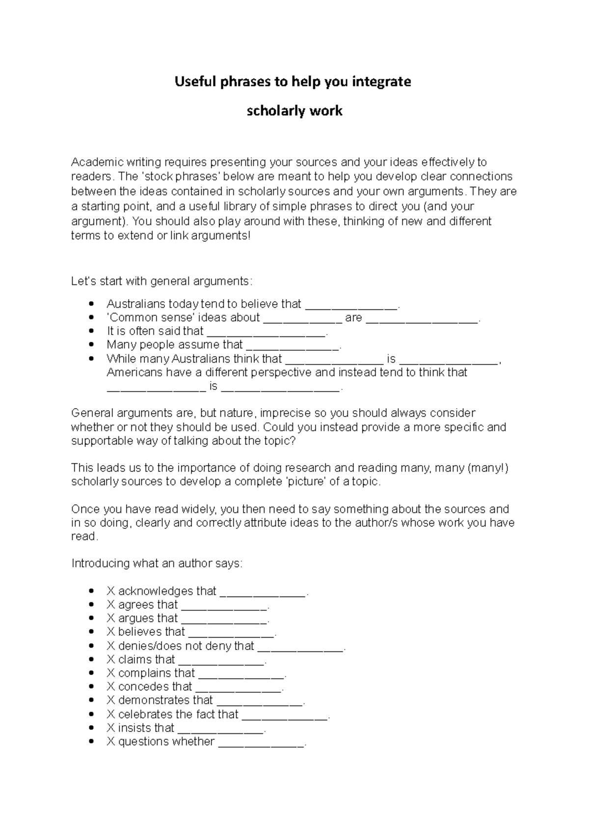 Stock sentences lecture notes - Useful phrases to help you integrate ...