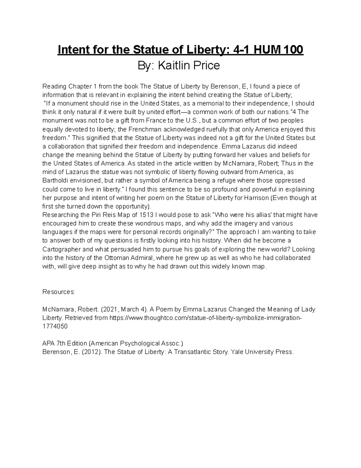 Intent for the Statue of Liberty 41 HUM 100 ”4 The monument was not