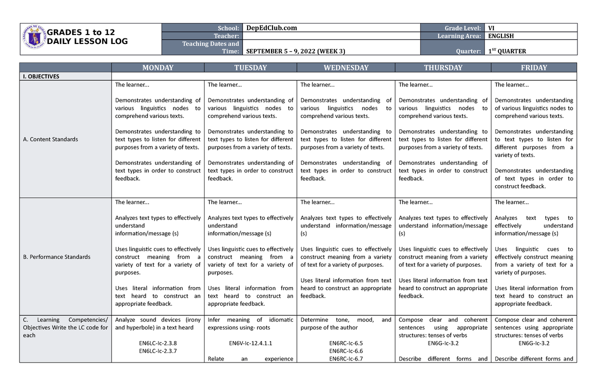 Dll English 6 Q1 W3 Dll Grades 1 To 12 Daily Lesson Log School Depedclub Grade Level Vi 3415