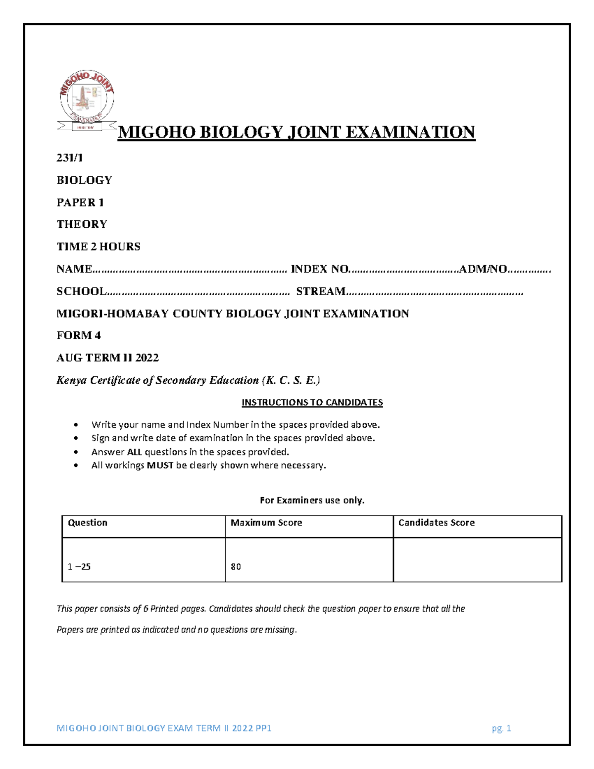 Migoho Biology Joint Examination - MIGOHO BIOLOGY JOINT EXAMINATION 231 ...