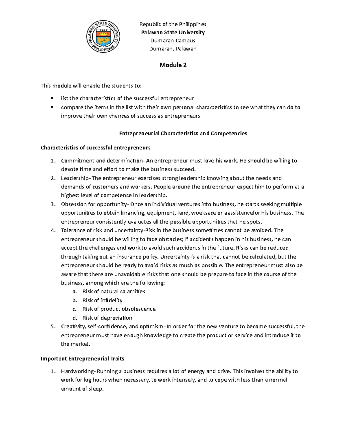 Module 2 Entre 1 1st Sem 2022 2023 Palawan State University Dumaran Campus Dumaran Palawan