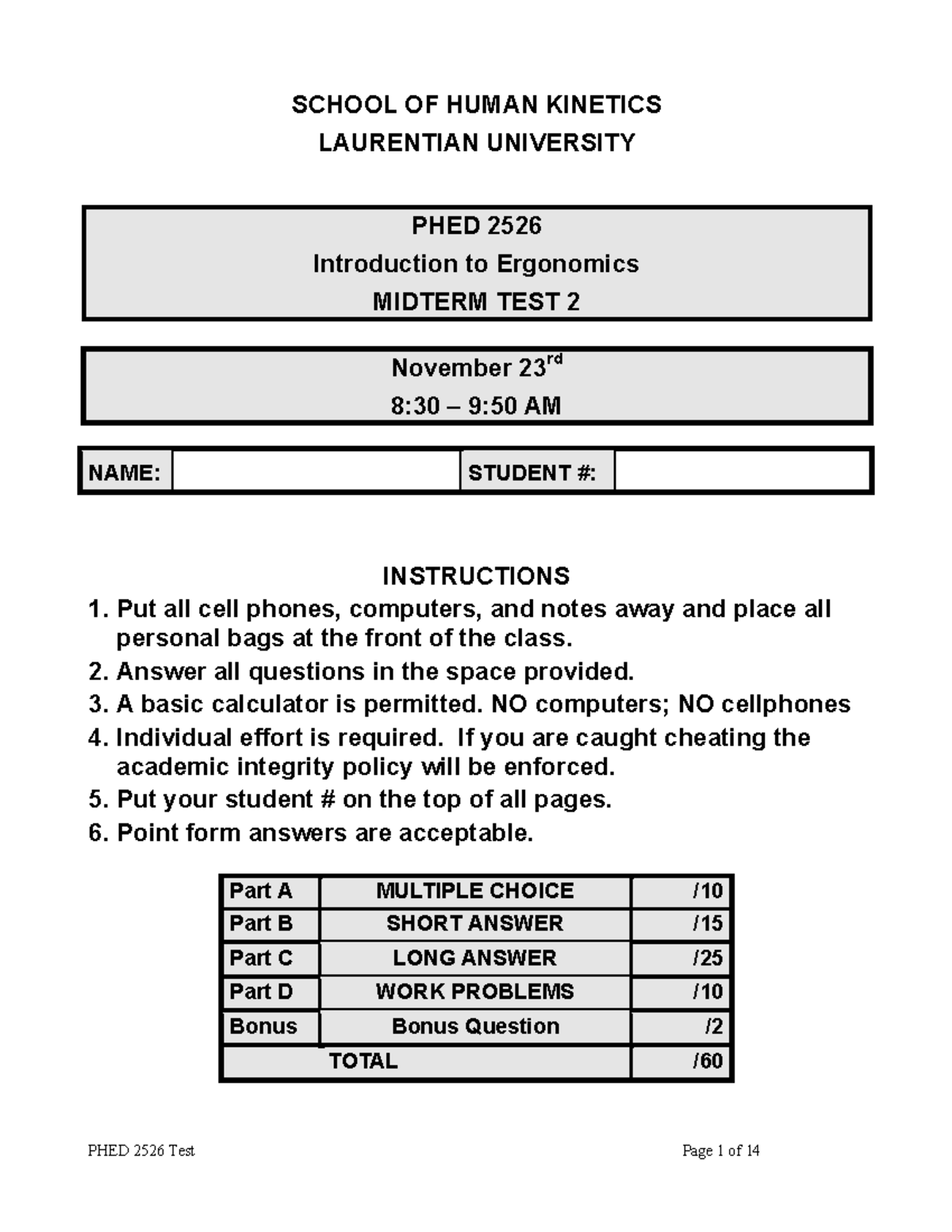 Test November 2018, questions SCHOOL OF HUMAN LAURENTIAN