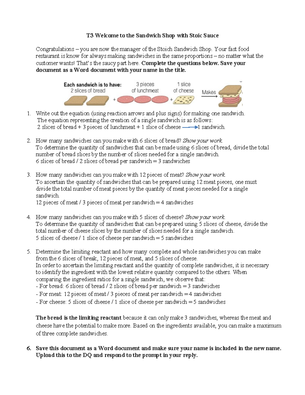 CHM-101 T3 Stoichiometry Activity - T3 Welcome to the Sandwich Shop ...
