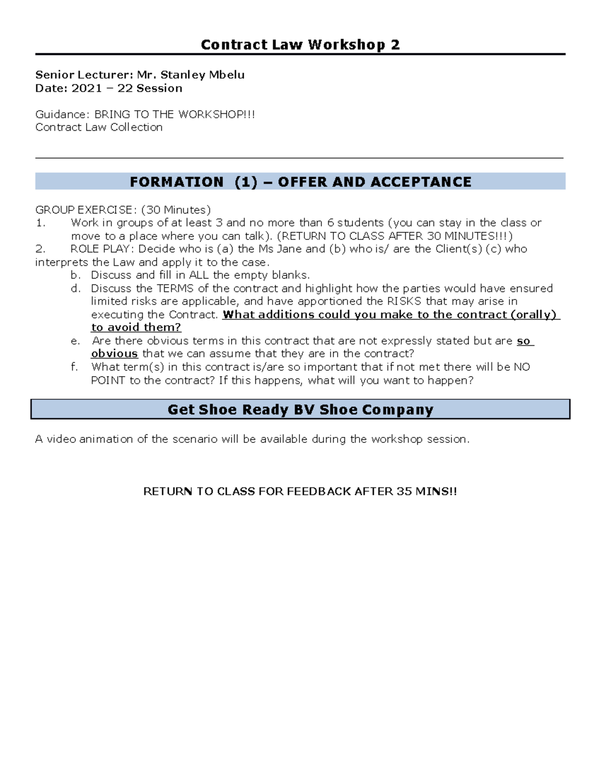 Contract Law - Workshop 2 - Formation 1 - Offer AND Acceptance ...