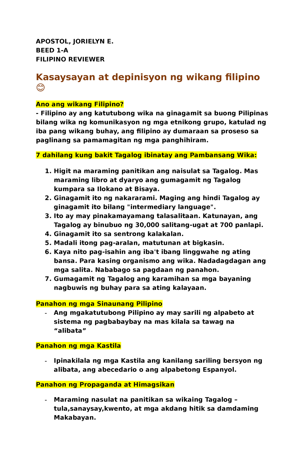 Kasaysayan At Depinisyon Ng Wikang Filipino APOSTOL JORIELYN E BEED 