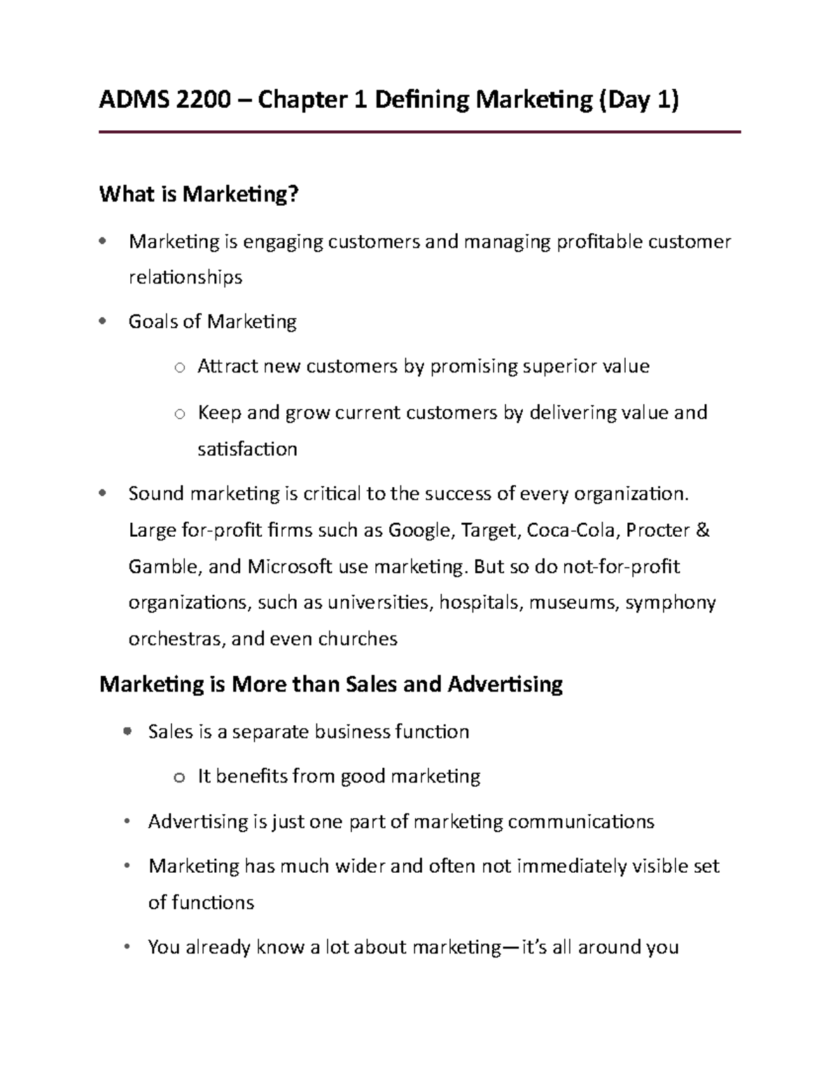 ADMS 2200 – Chapter 1 Defining Marketing (Day 1) - ADMS 2200 - Yorku ...