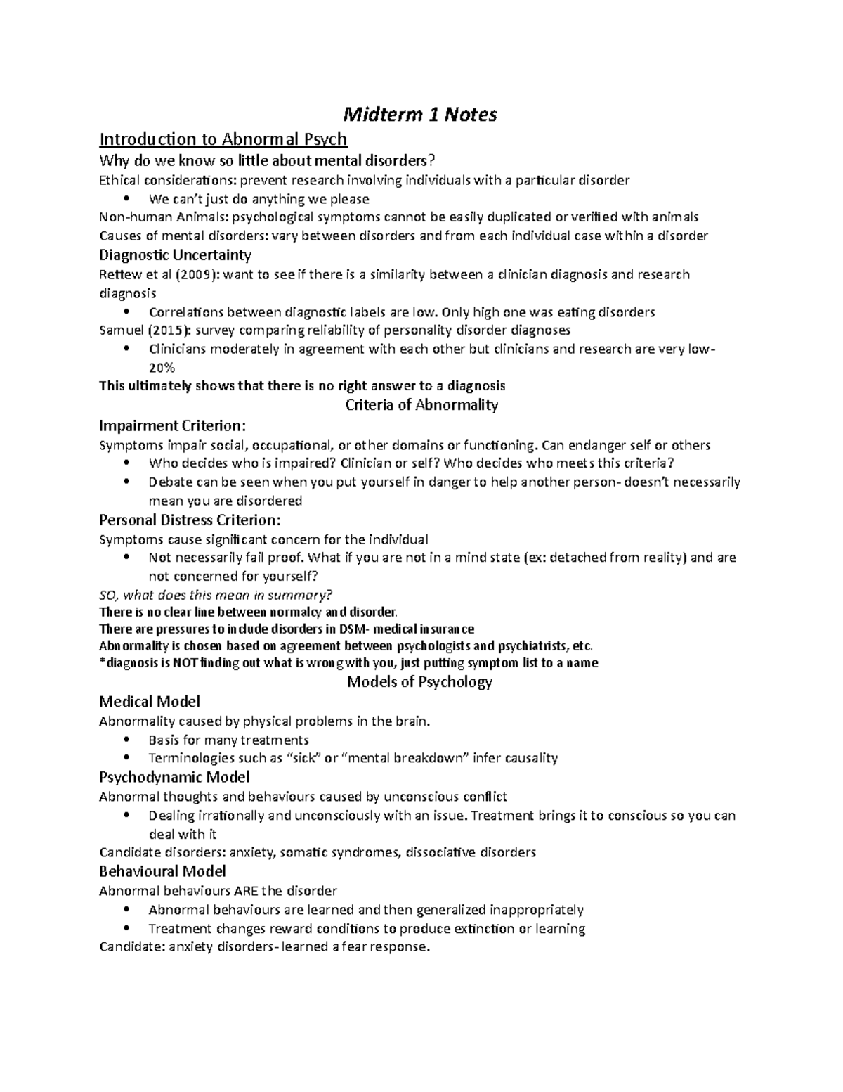 Midterm 1 Notes - Midterm 1 Notes Introduction to Abnormal Psych Why do ...