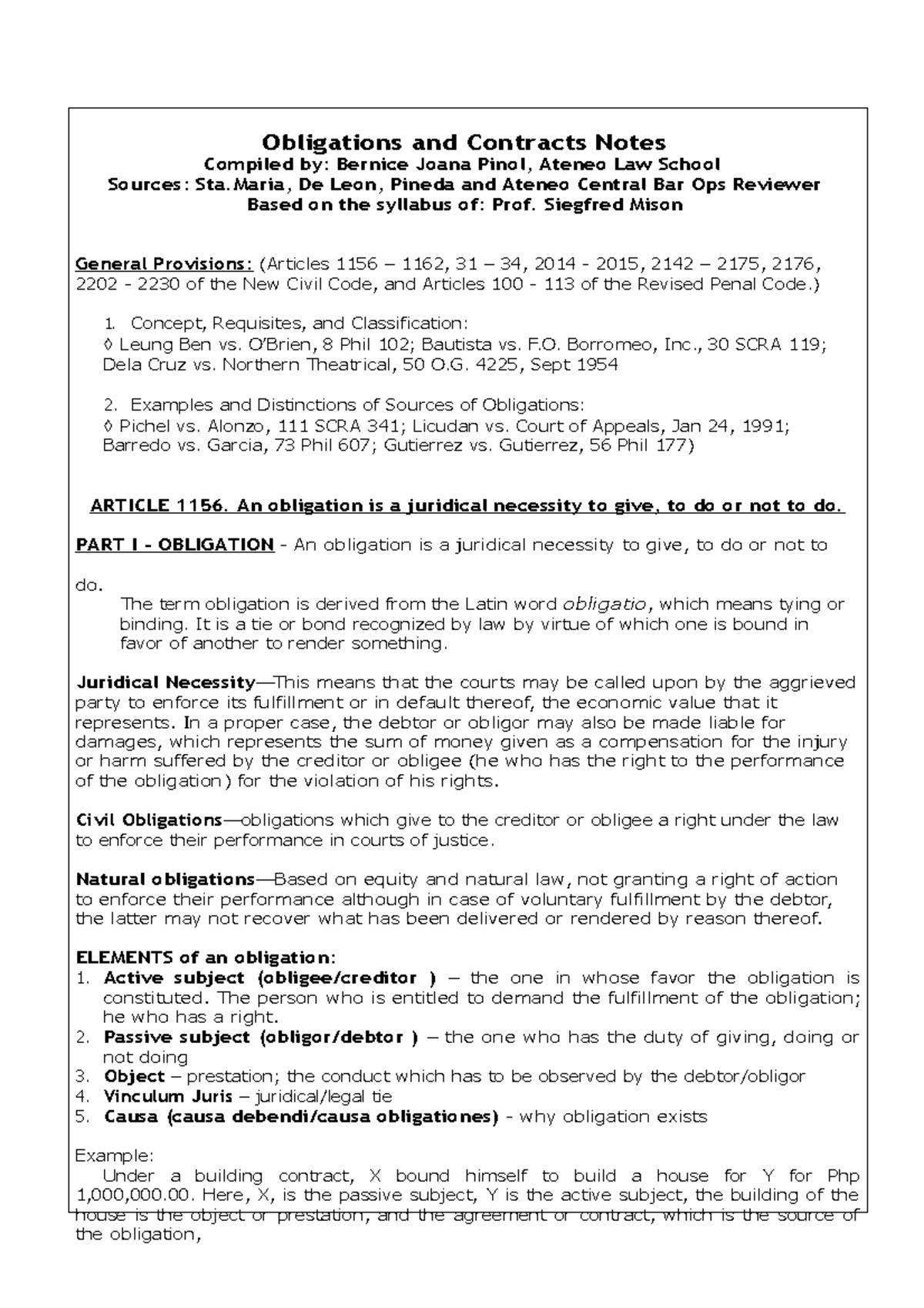 LAW ON OBLICON REVIEWER - Obligations And Contracts Notes Compiled By ...