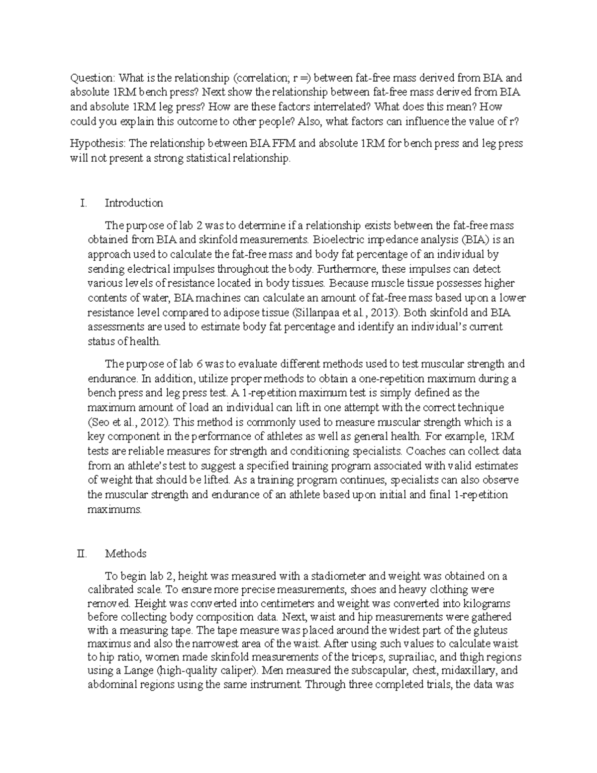 Professional Lab Report 2 (Exercise Physiology) - Question: What is the ...