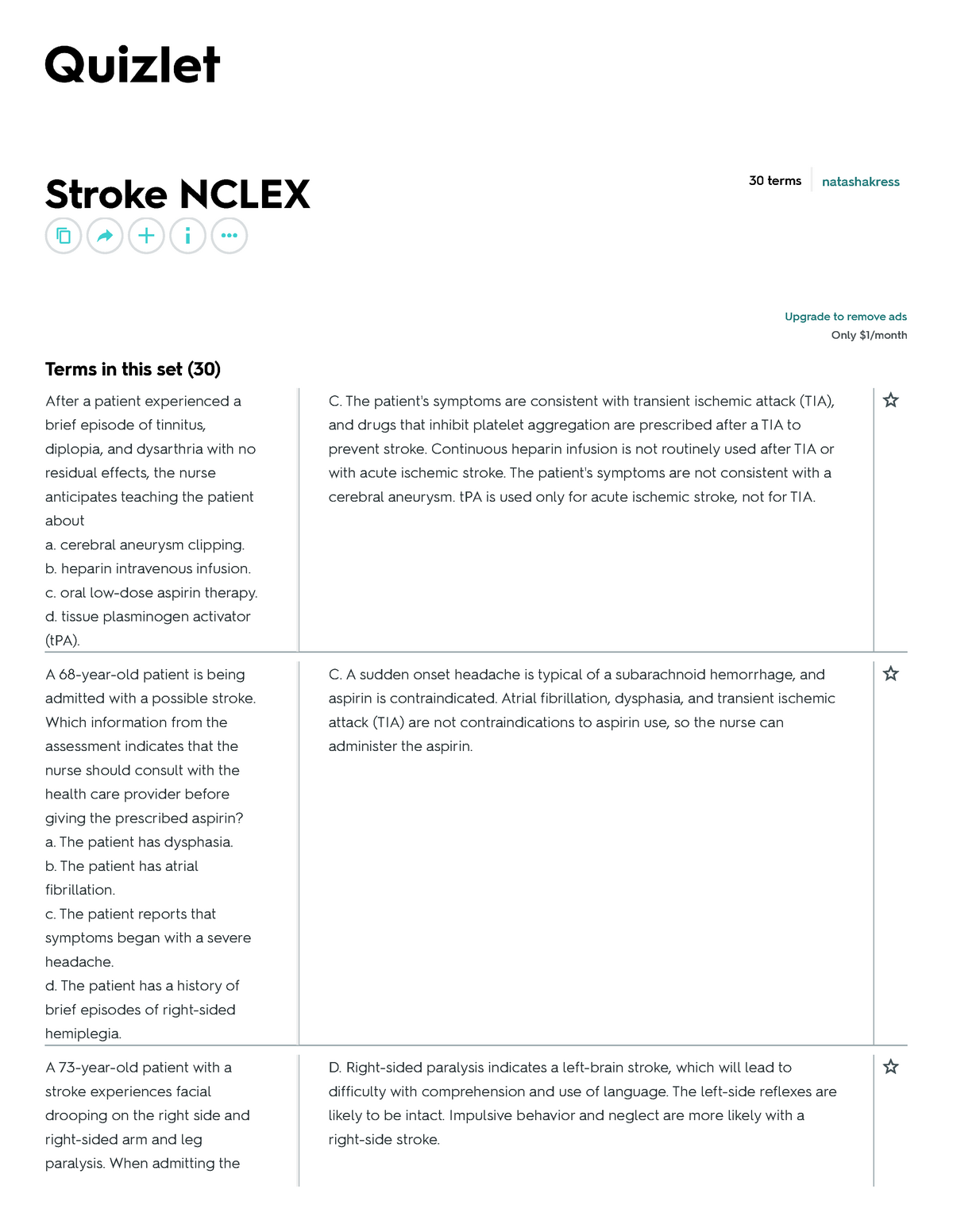 Stroke Nclex Flashcards Quizlet Stroke NCLEX 30 terms natashakress