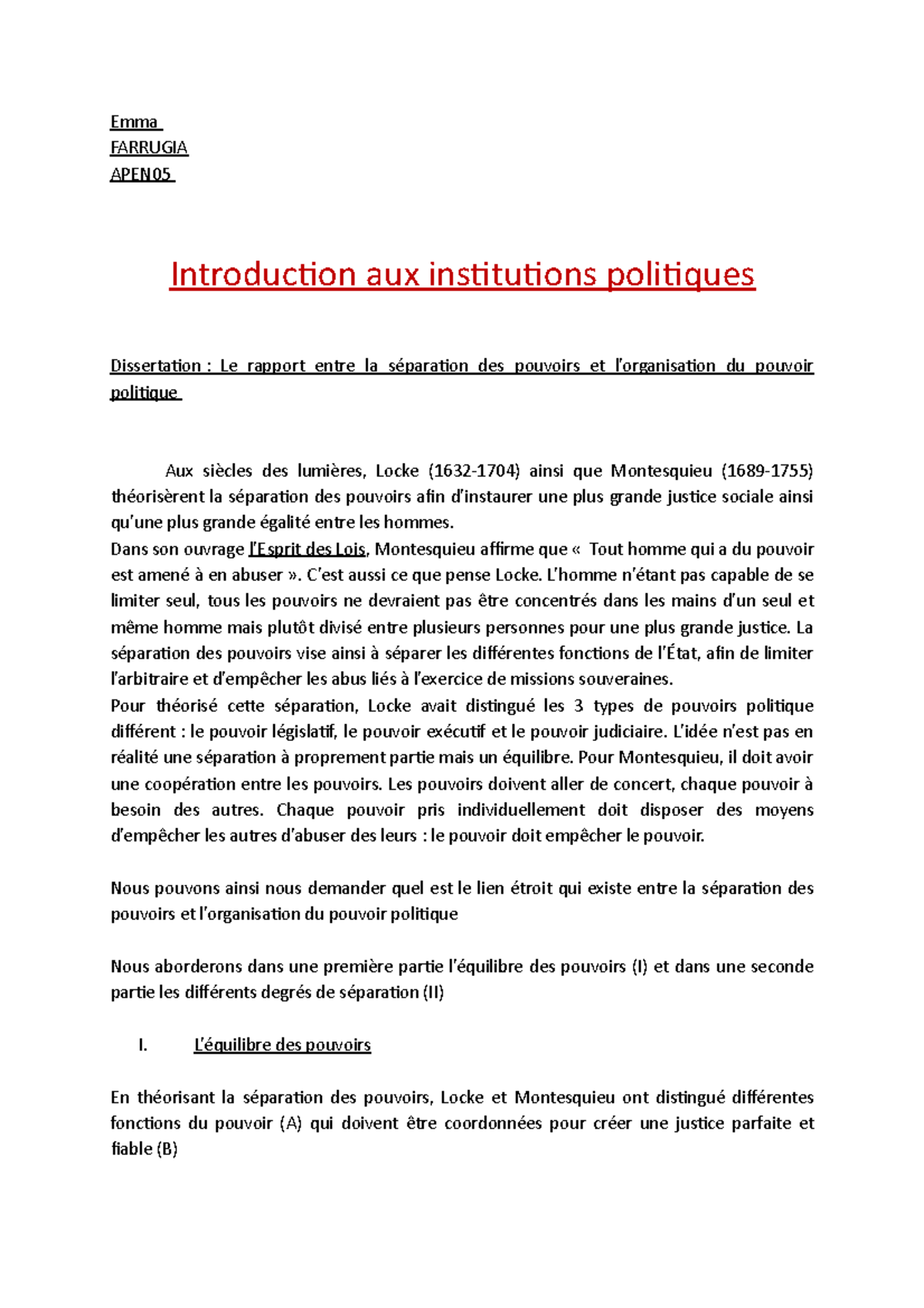 La Séparation Des Pouvoirs Sous La Vème République Dissertation Rapport entre la séparation des pouvoirs et l'organisation du pouvoir  politique - Emma FARRUGIA - Studocu