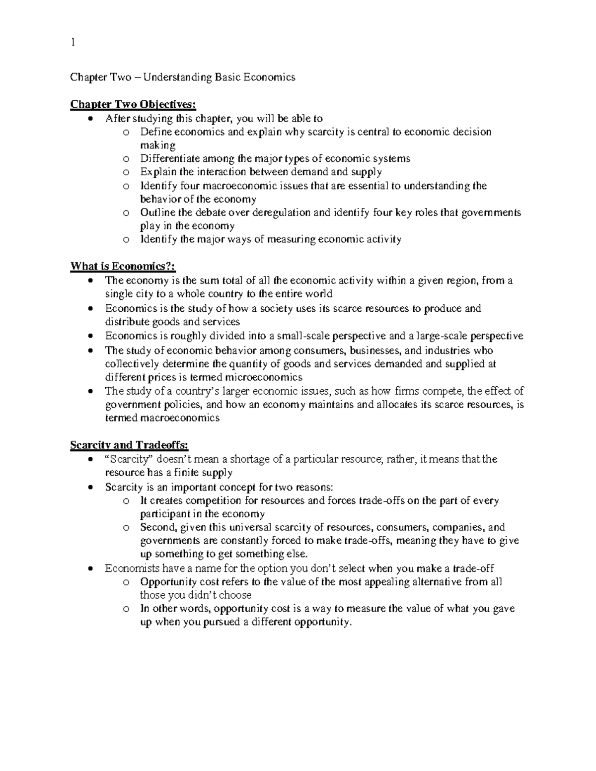 Chapter Two Notes - Davis - 1 Chapter Two Understanding Basic Economics ...