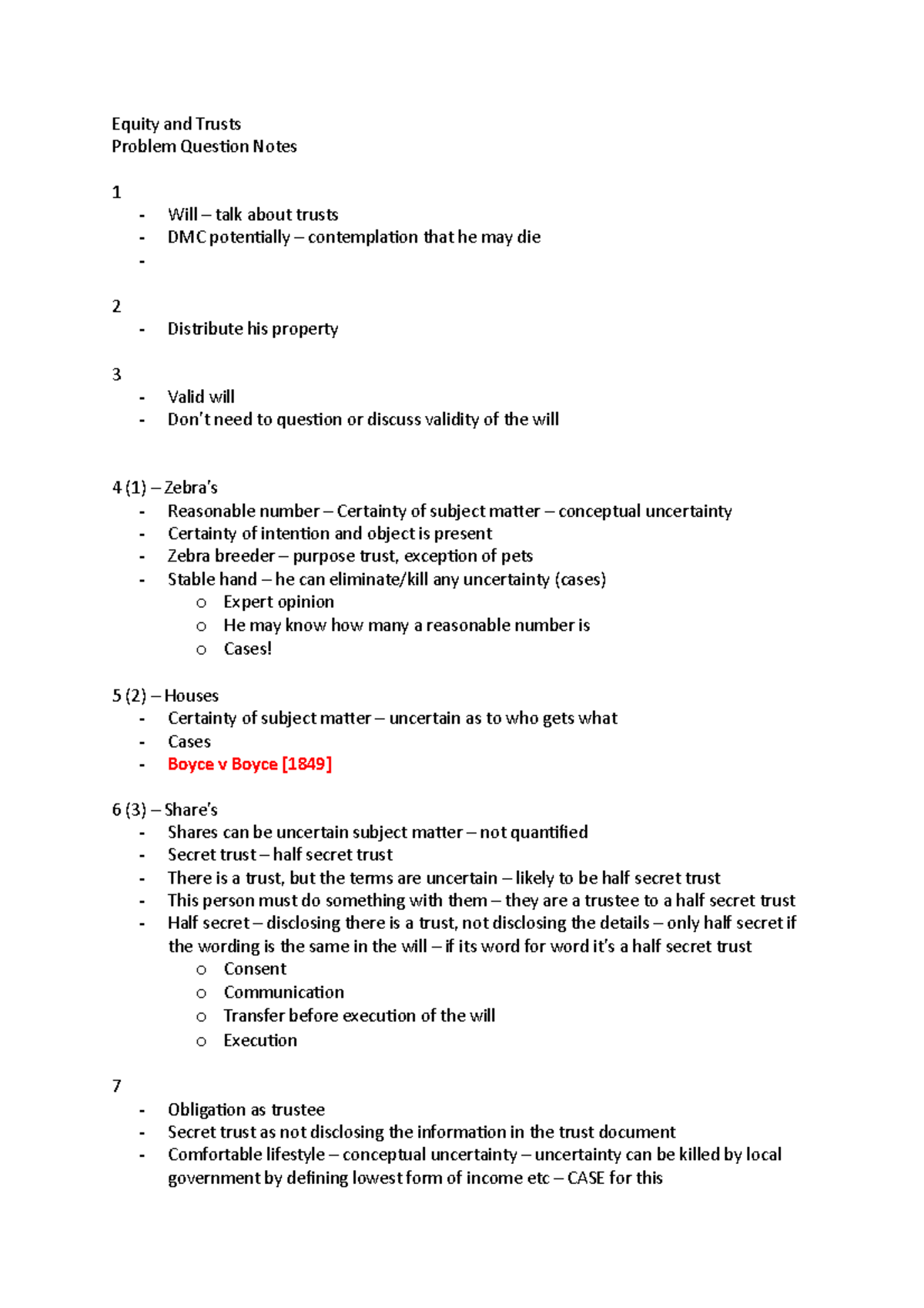 Equity and Trusts - Notes - Equity and Trusts Problem Question Notes 1 ...