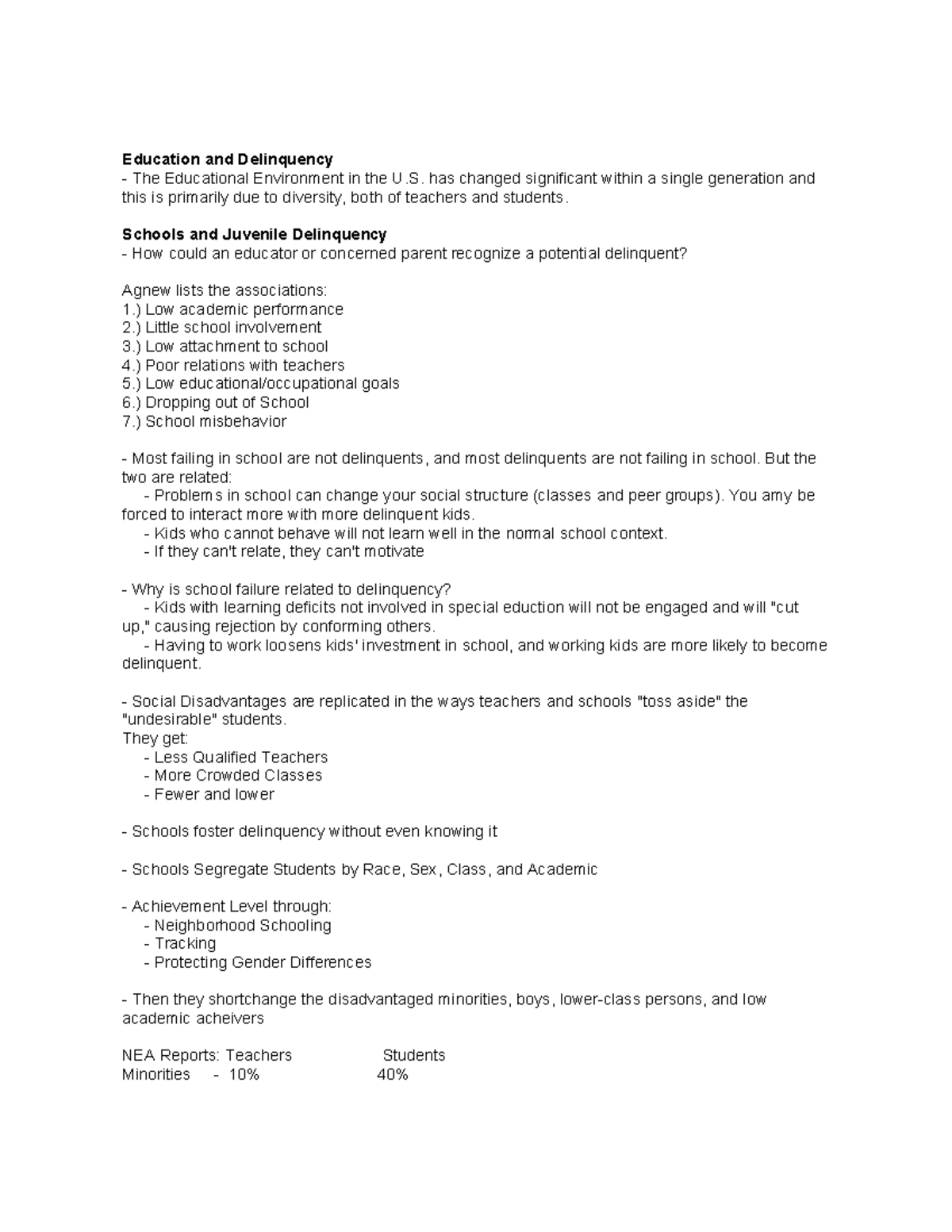Education & Delinquency Lecture Notes Education and Delinquency