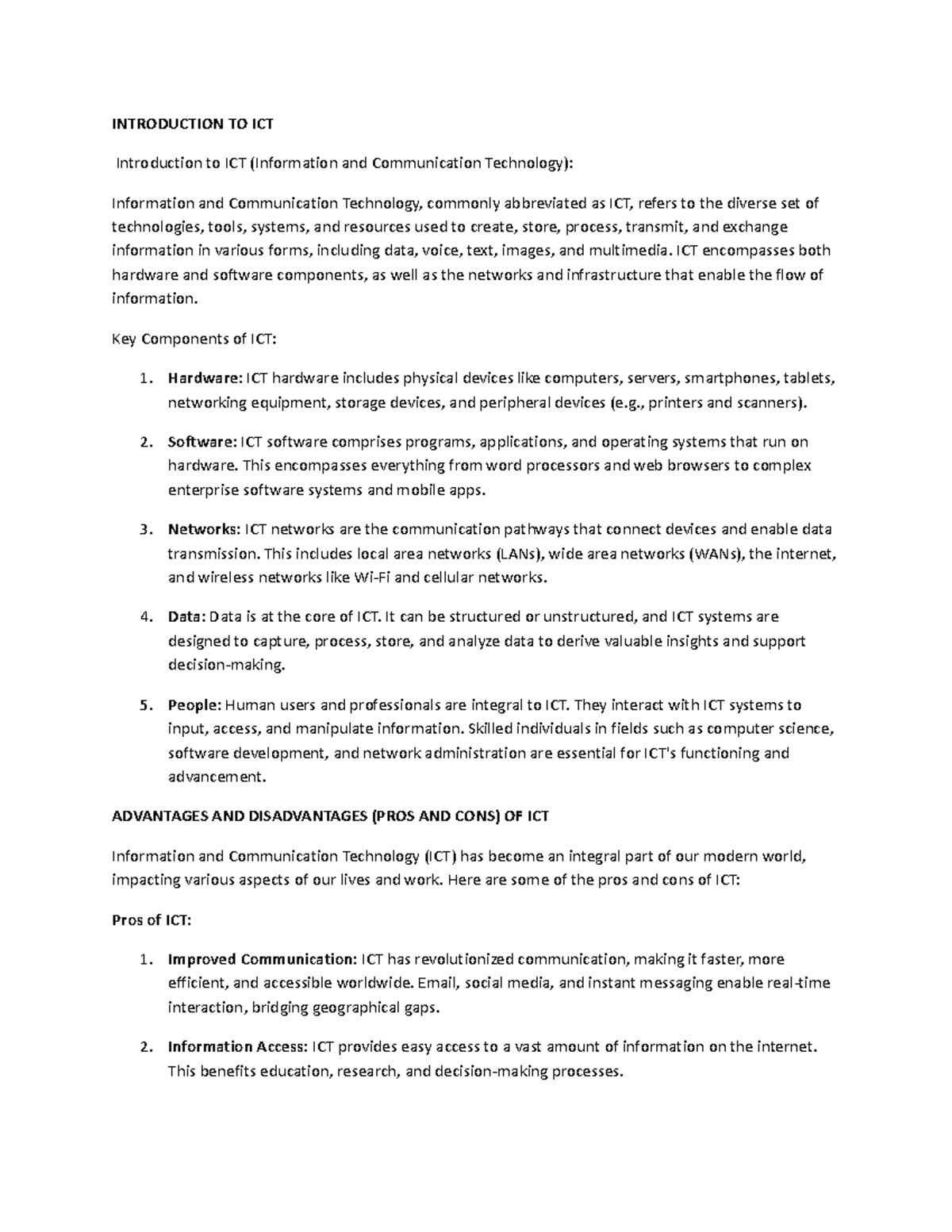 Introduction TO ICT - INTRODUCTION TO ICT Introduction to ICT ...
