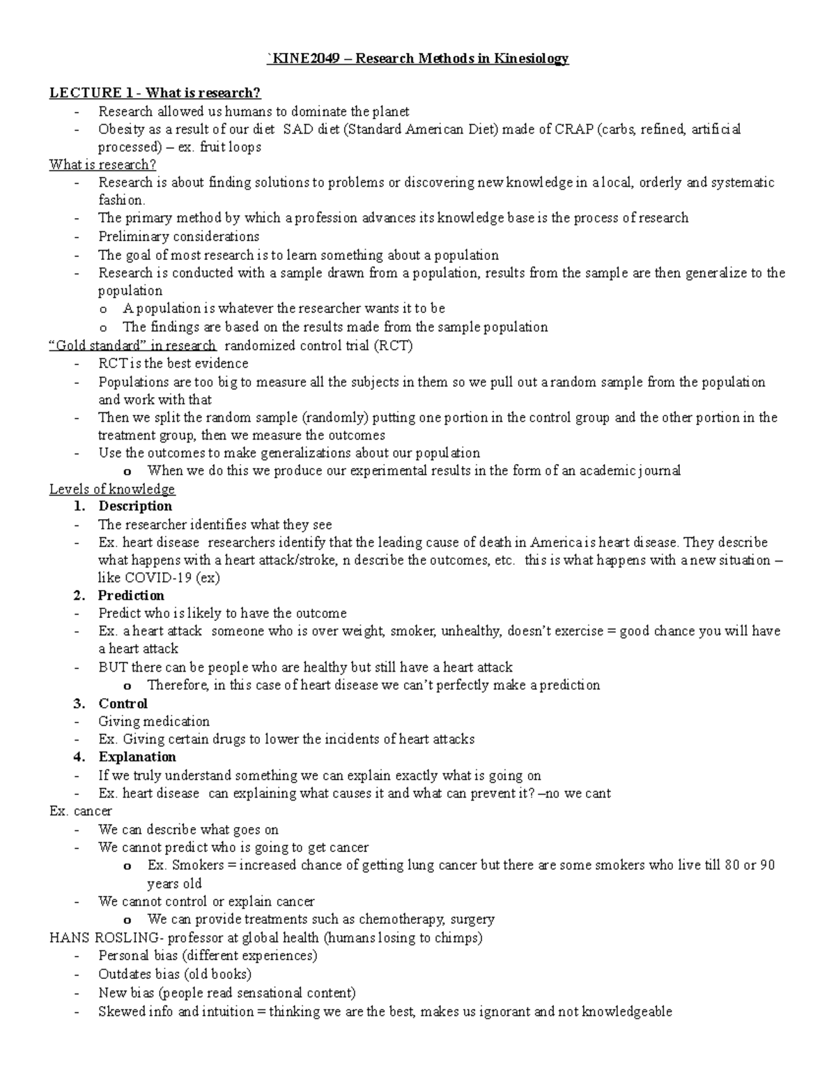 All notes KINE2049 - `KINE2049 – Research Methods in Kinesiology ...