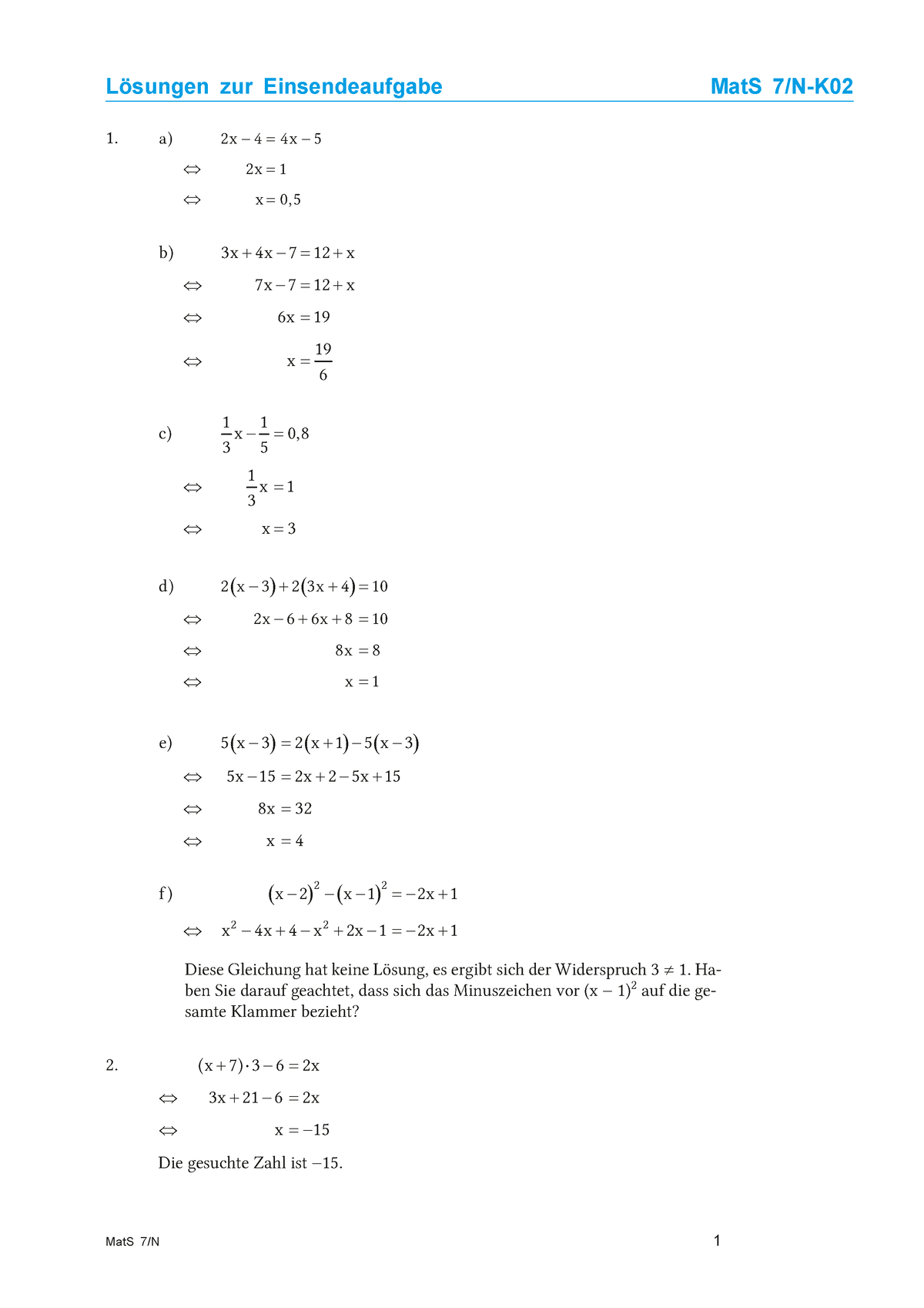 Mat S7 - ####### MatS 7/N 1 Lösungen Zur Einsendeaufgabe MatS 7/N-K ...